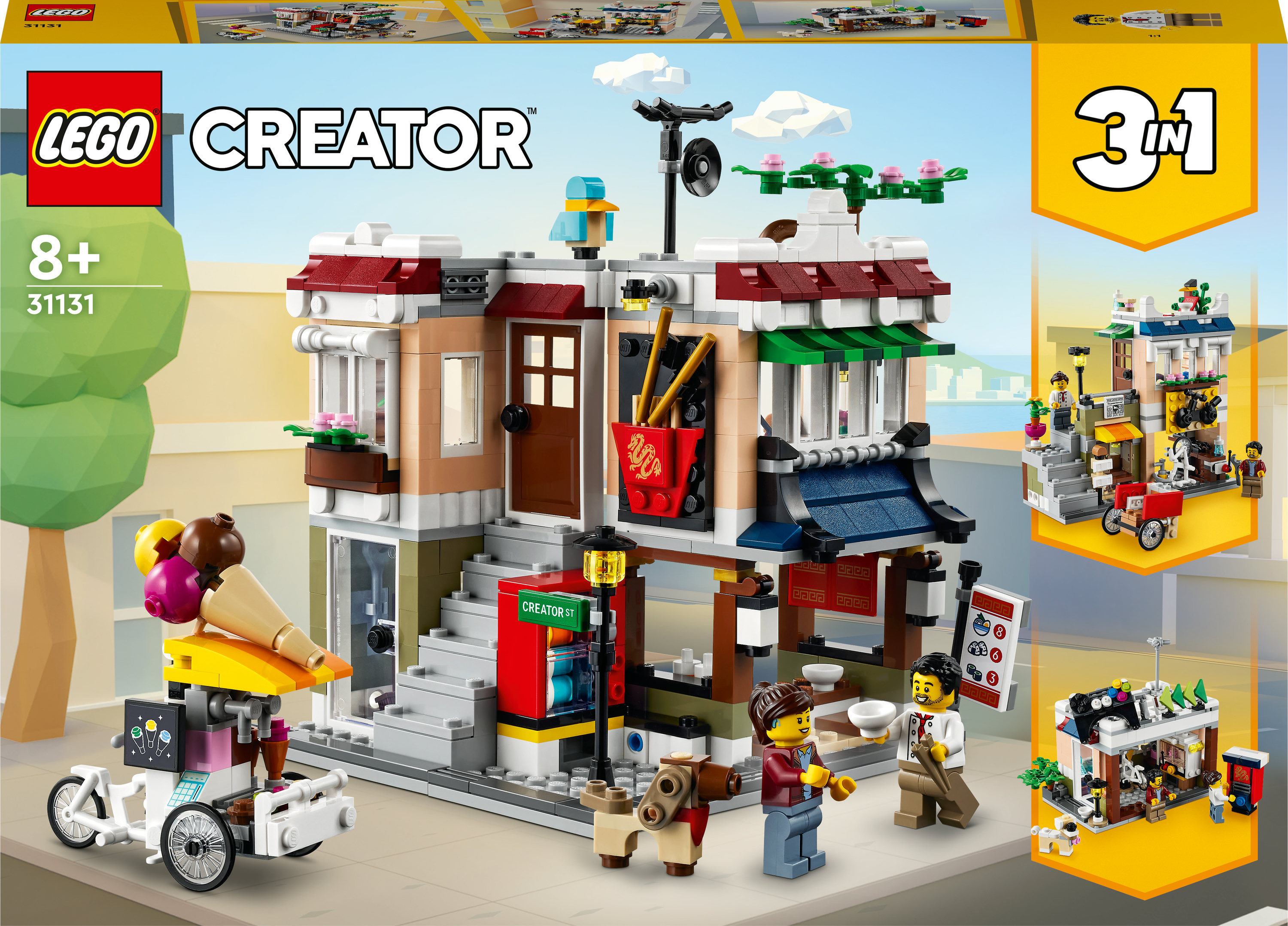 Ein Lego Creator Set mit einem Gebäude, einem Eiswagen und Figuren.