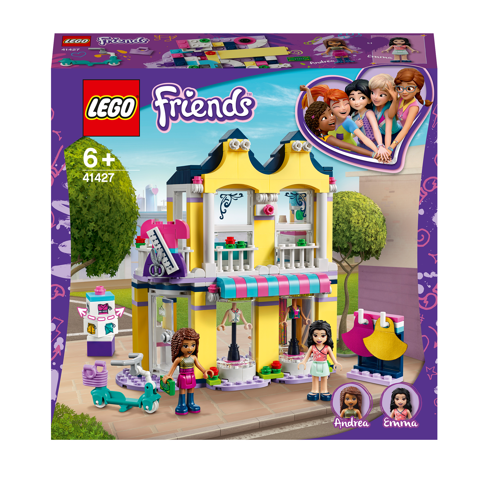 Lego Friends Set mit einem gelb-rosa Gebäude, Figuren und Zubehör, mit mehreren Figuren.