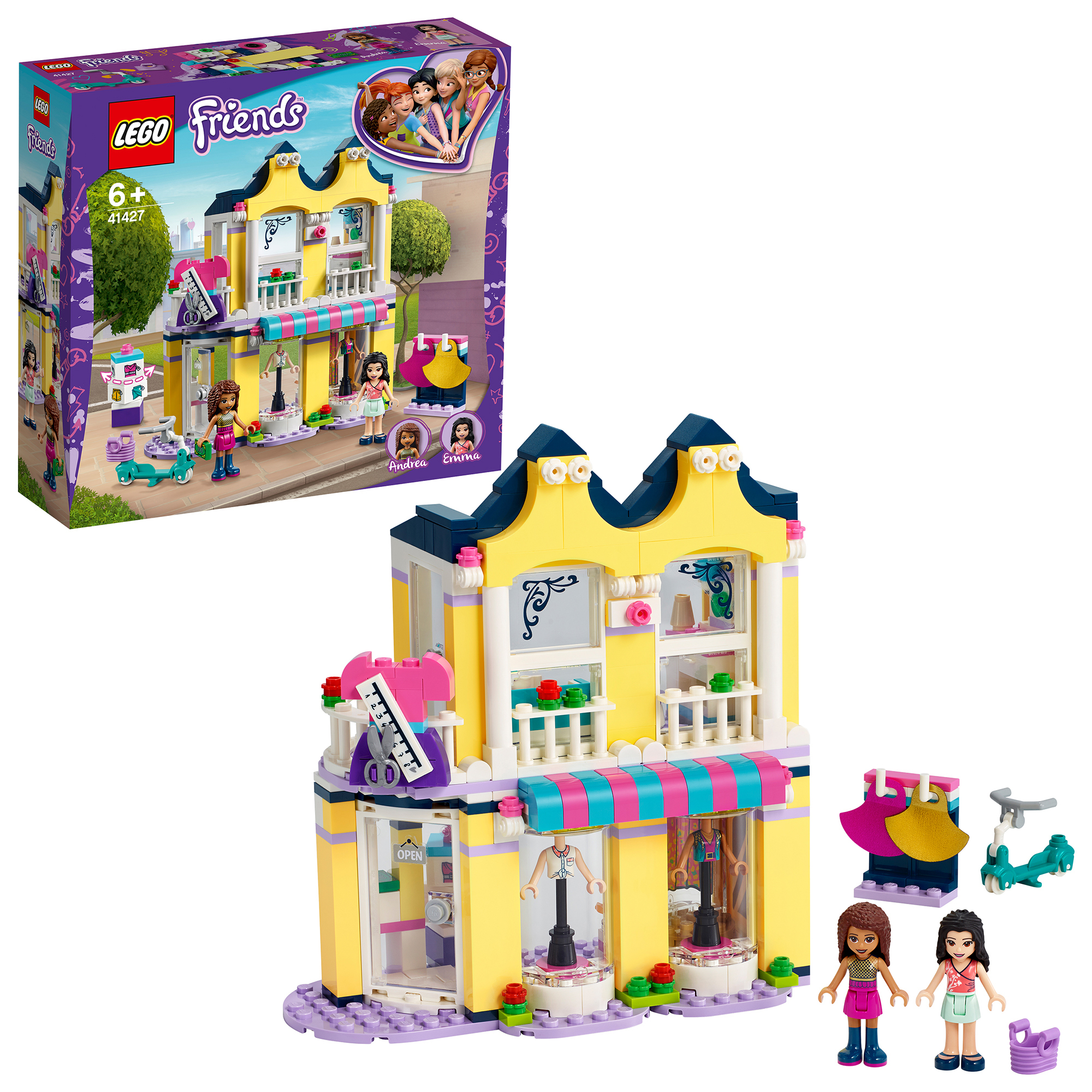 Lego Friends Shop Set, gelbes Gebäude, Figuren, mit Box im Hintergrund.