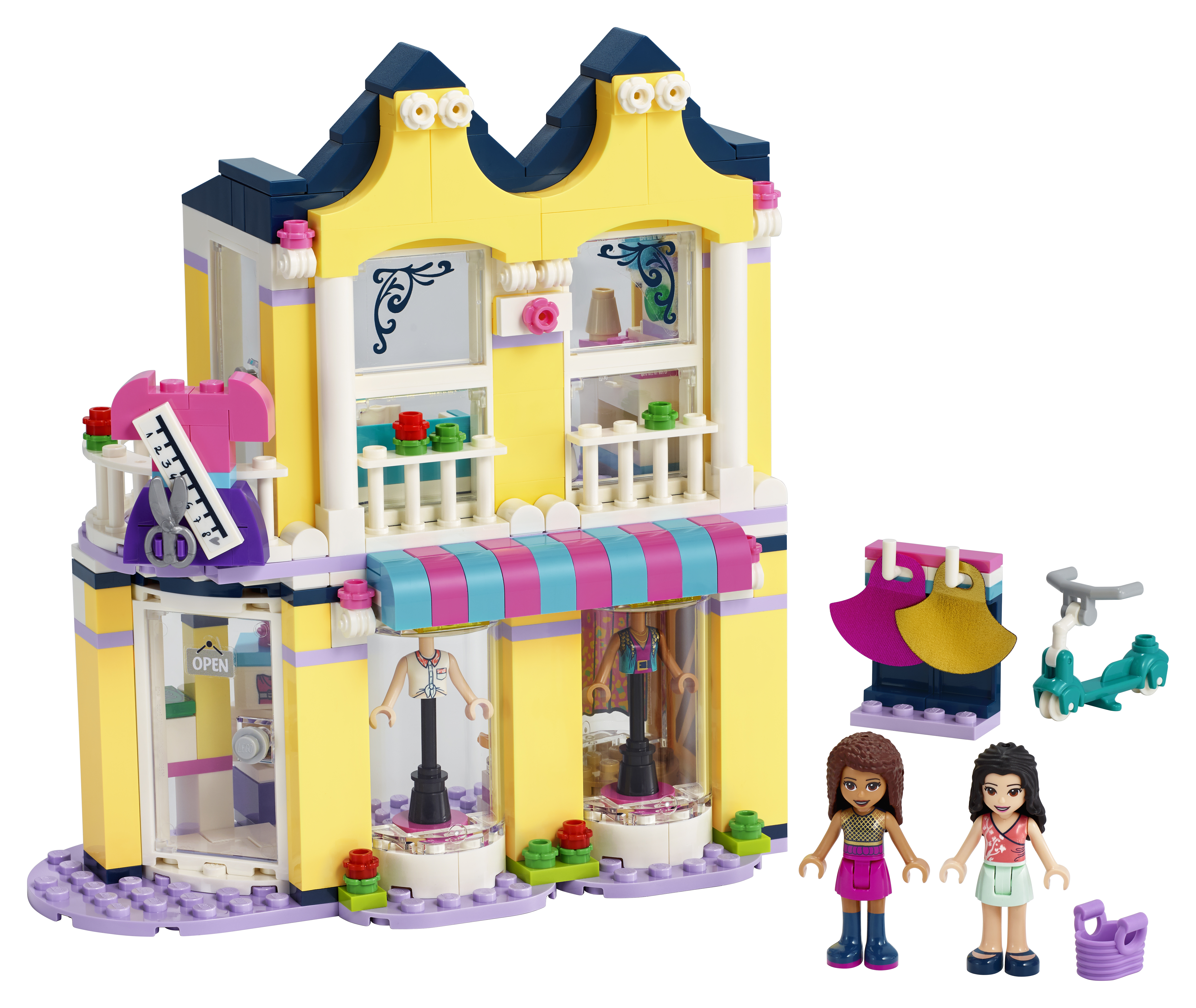 Ein Lego-Set eines gelben Gebäudes mit zwei Schaufenstern, mit Lego-Figuren und Zubehör.