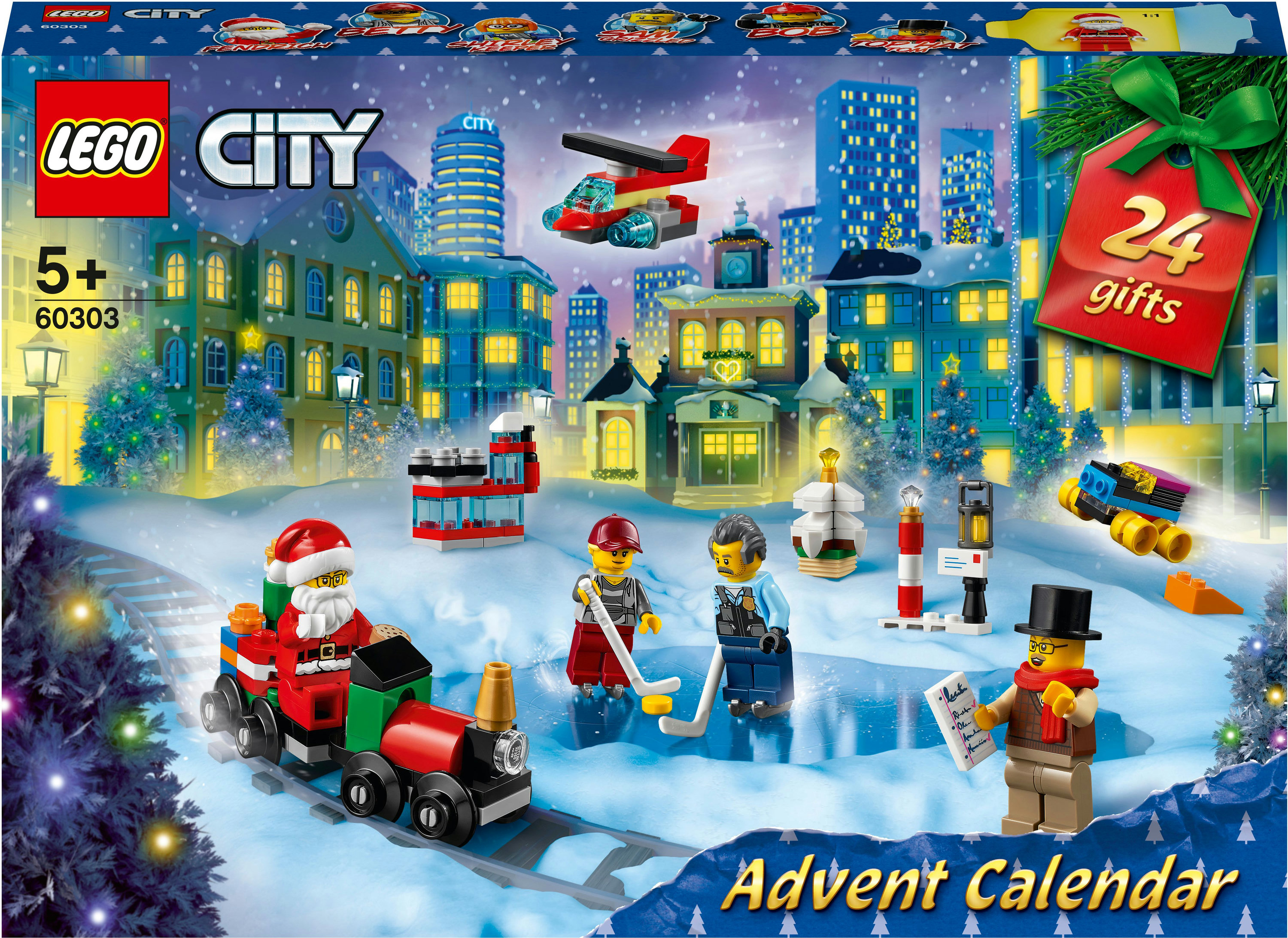 LEGO City Adventskalender mit Stadtansicht, Zug und Weihnachtsmann-Minifigur, Schnee.