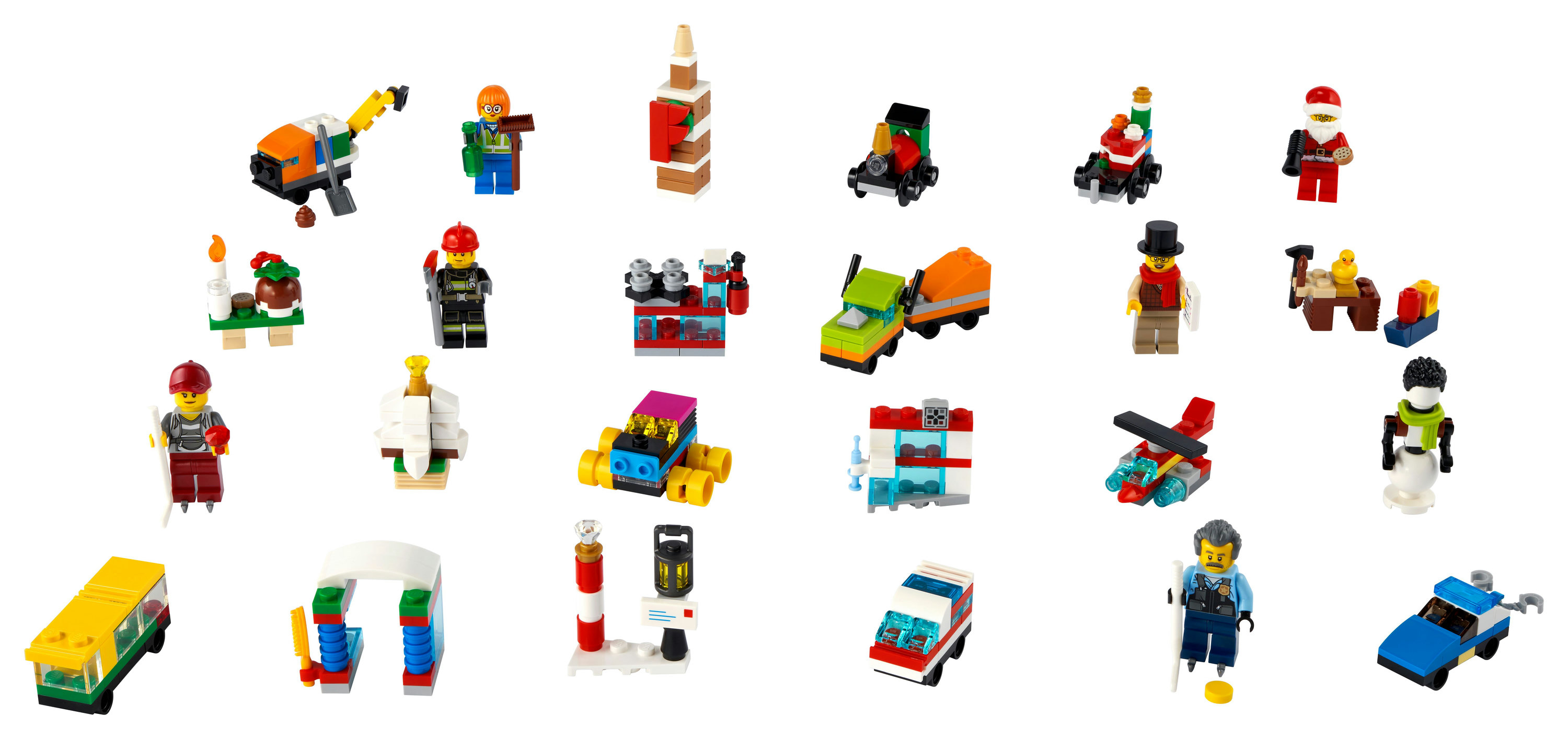 Eine Sammlung von LEGO-Mini-Bauten und Minifiguren zum Thema Weihnachten, auf weißem Untergrund.