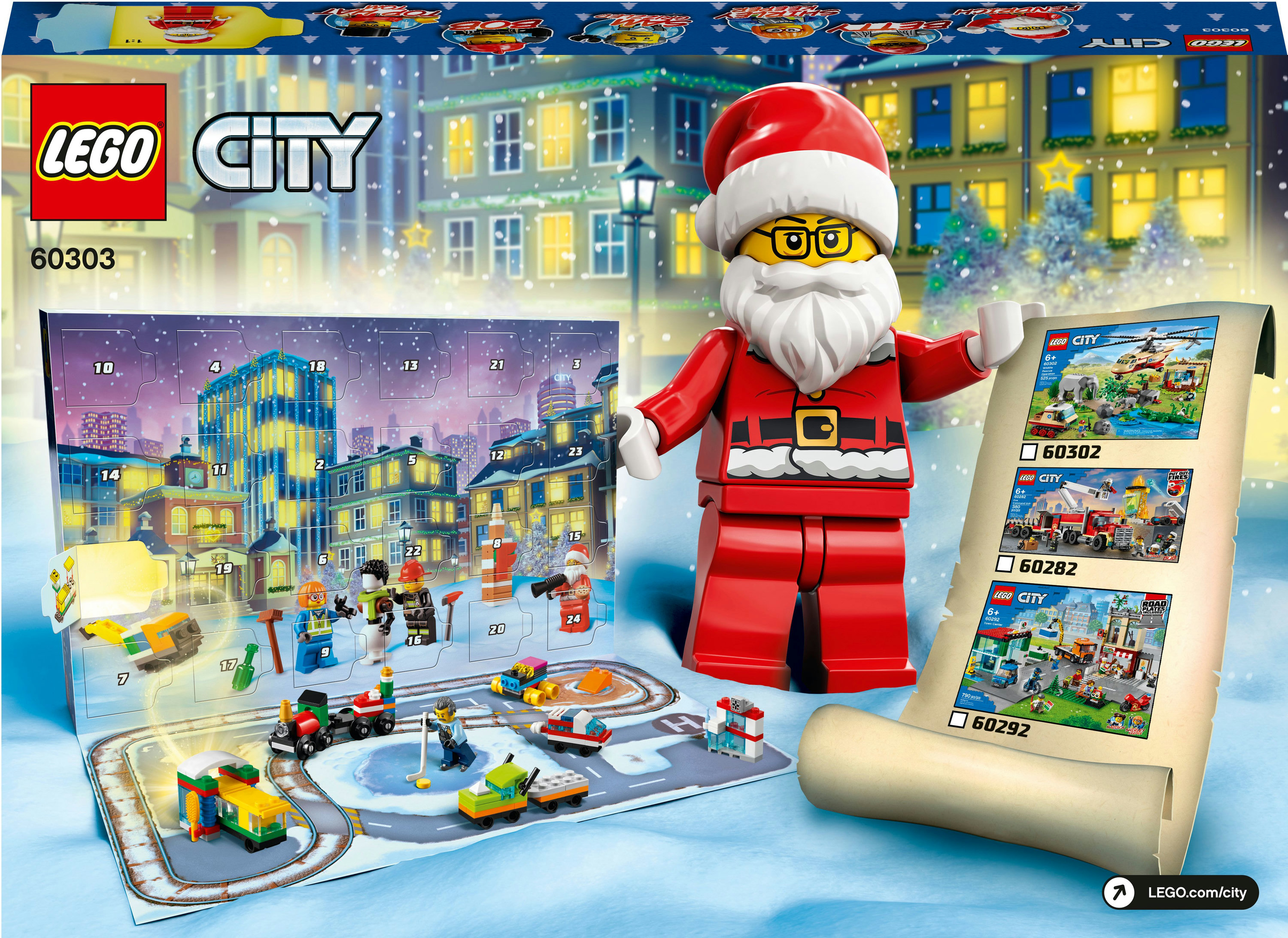 LEGO City Adventskalender mit Weihnachtsmannfigur, Stadtszenen und verschiedenen Geschenken.
