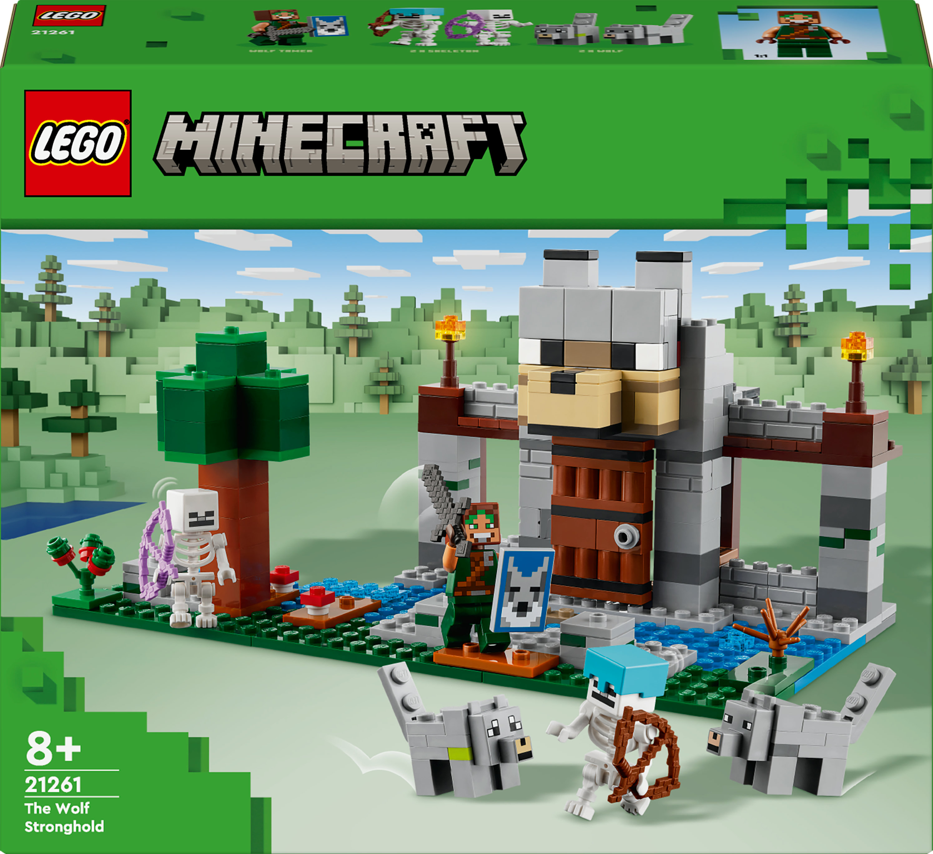 Lego Minecraft Set. Eine Szene mit Festung, Skeletten, Wölfen und Figuren. Eine grüne Box oben.