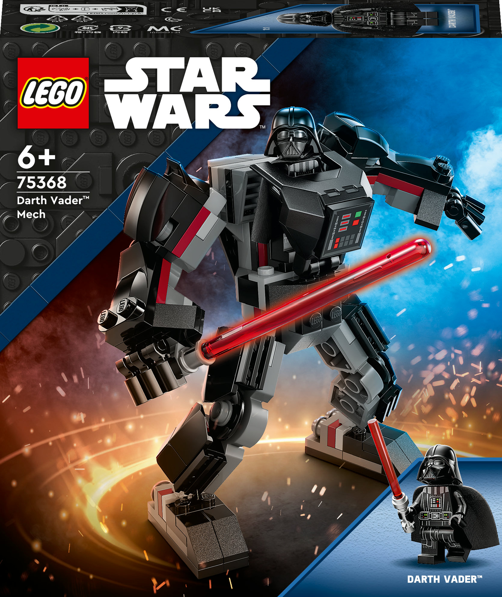Lego Star Wars Set-Box mit einer Darth Vader Mech Figur mit einem roten Lichtschwert.