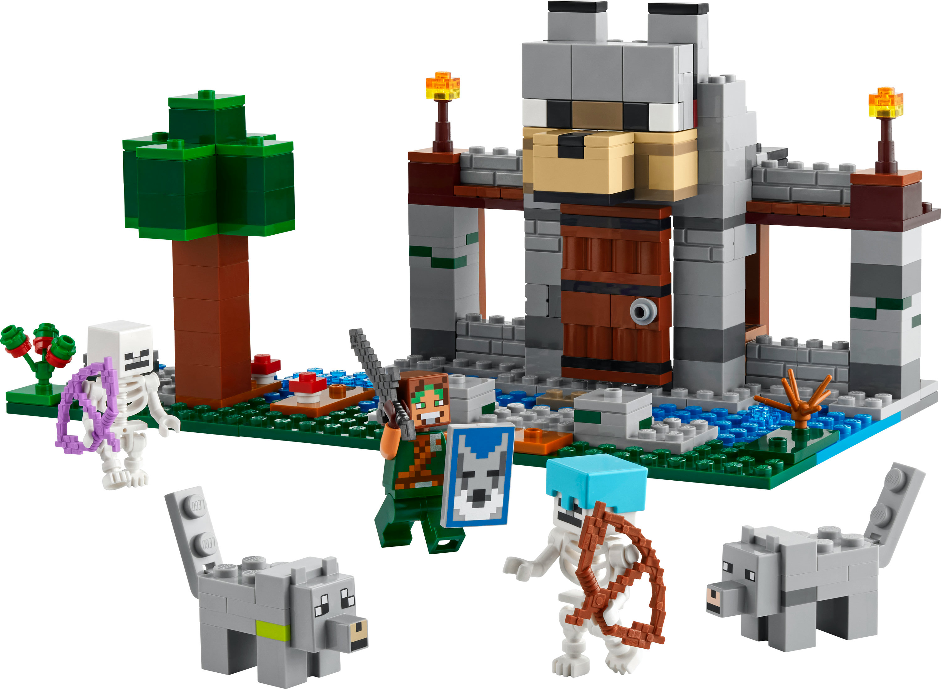 Ein LEGO Minecraft Set mit Skelettfiguren, Wölfen und einer Festung-ähnlichen Struktur.