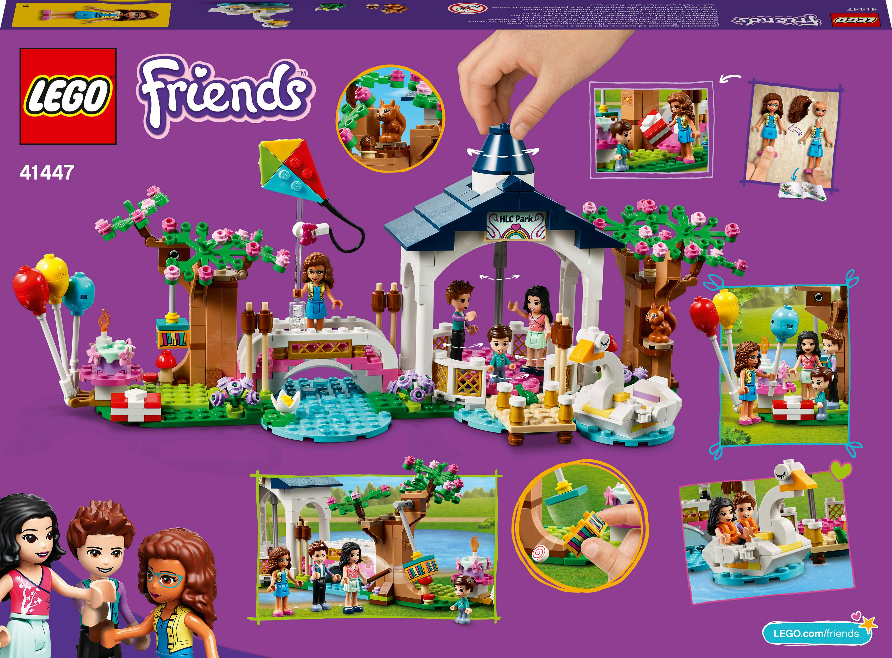 Zestaw parku Lego Friends, scena parku, figurki, most, łabędź i różne elementy.