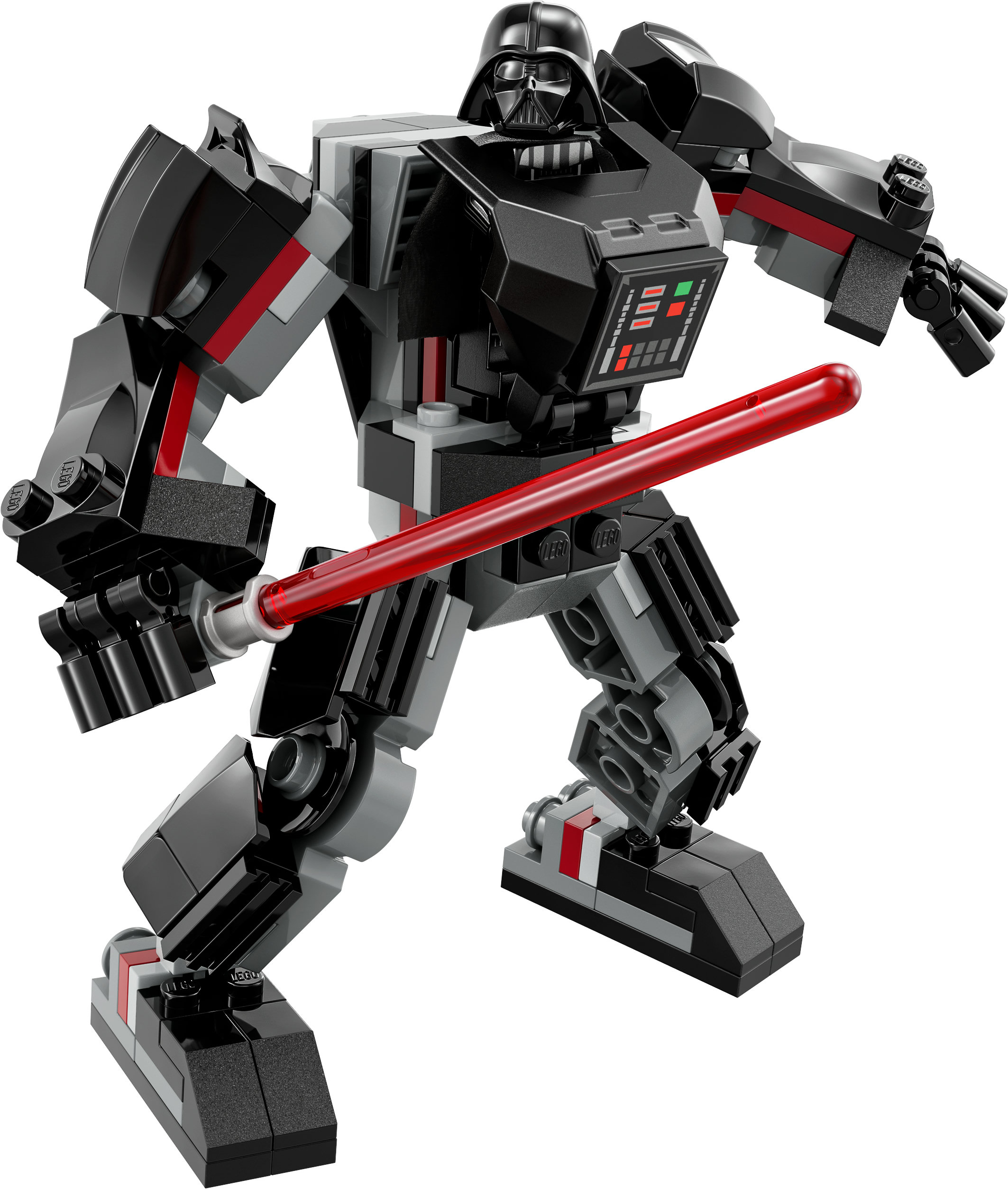 Lego Star Wars Darth Vader Mech. Schwarzer und grauer Roboter mit einem roten Lichtschwert.