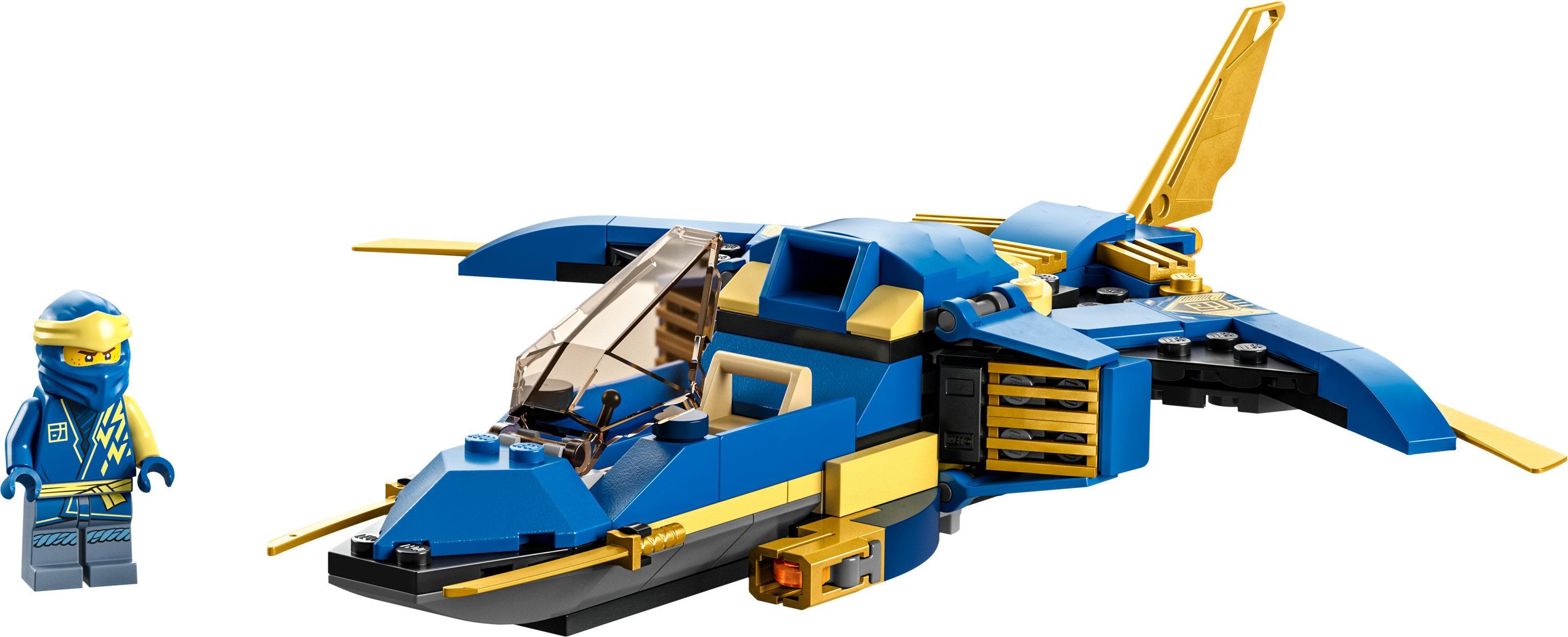Ein blau-gelbes Jet-Spielzeug mit einer Ninja-Figur, vor weißem Hintergrund.