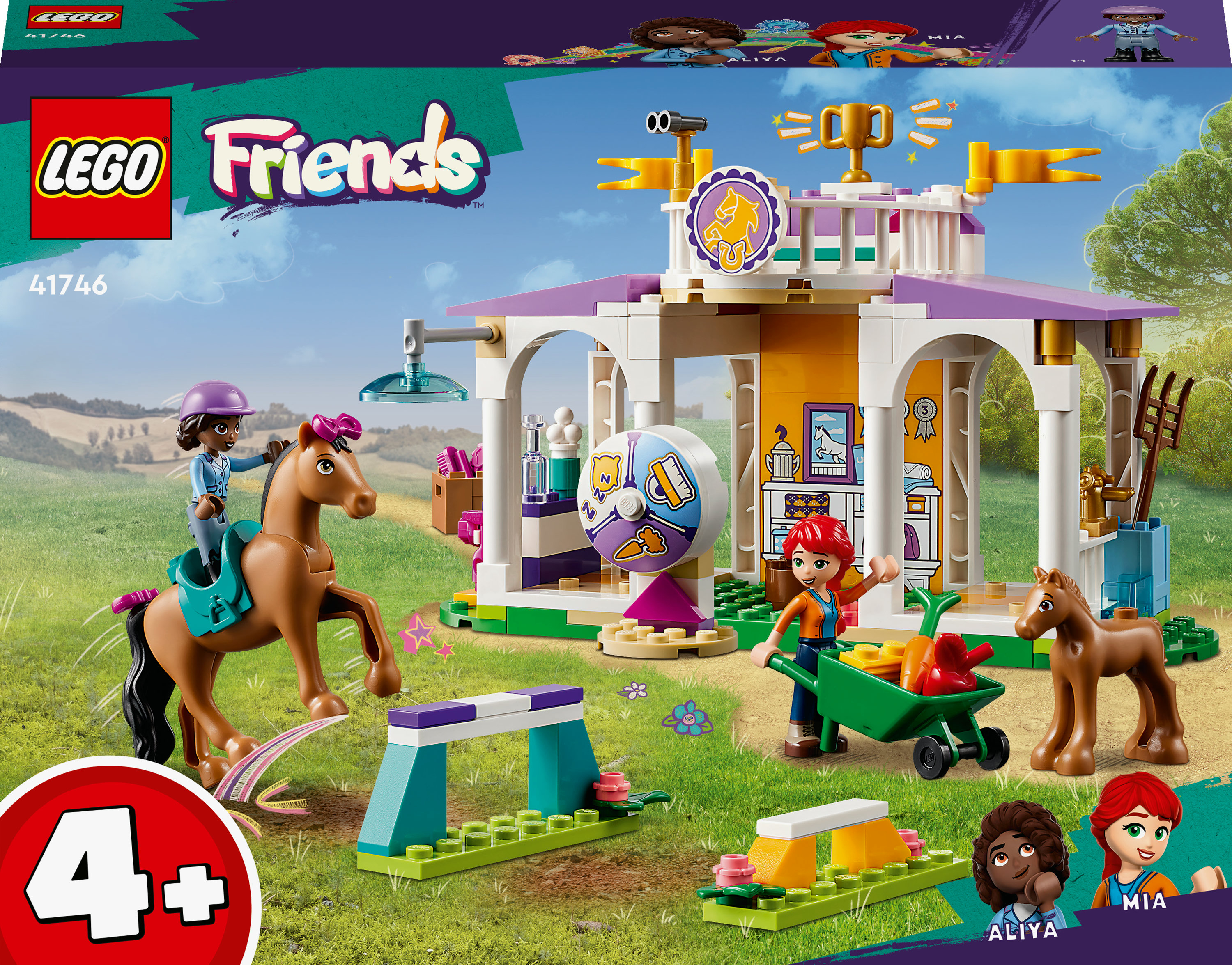 Lego Friends Set mit Pferdestall, Figuren, Pferd und Zubehör. Bunte Verpackung.
