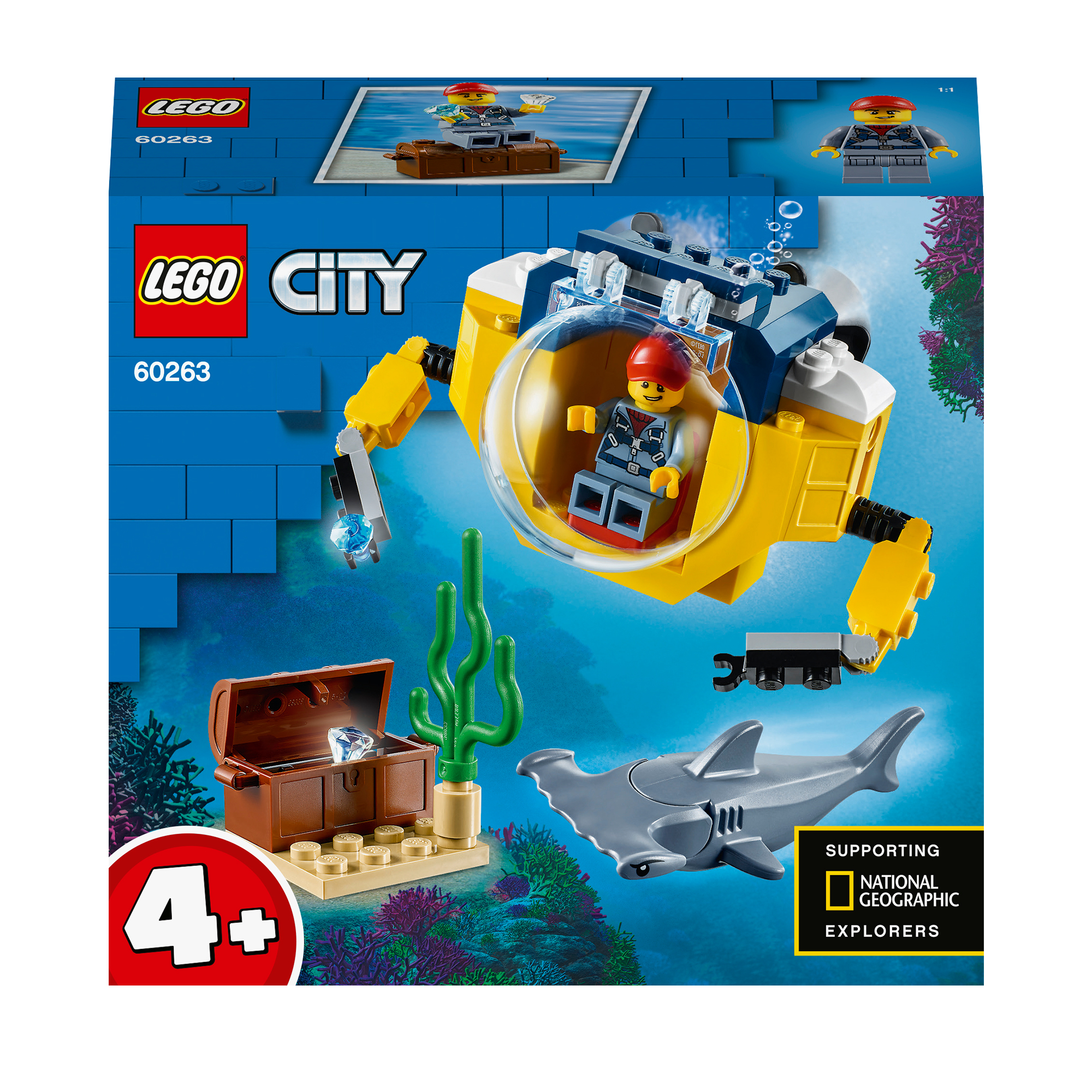 Ein Lego City U-Boot-Set mit einer Schatzkiste, einem Hai und einer Minifigur.