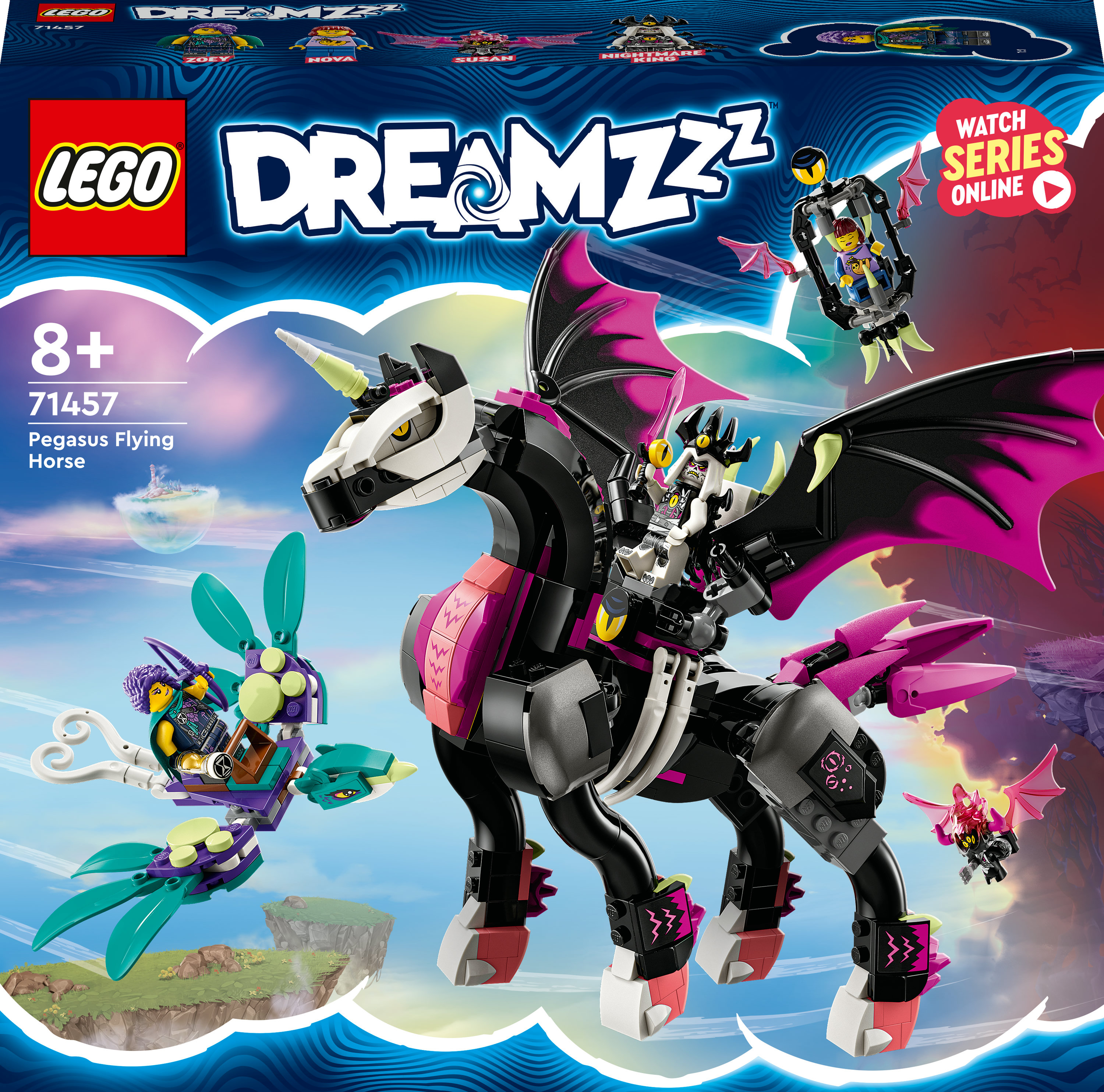 Een LEGO Dreamzzz Pegasus Flying Horse set doos met een eenhoorn paard en figuren.