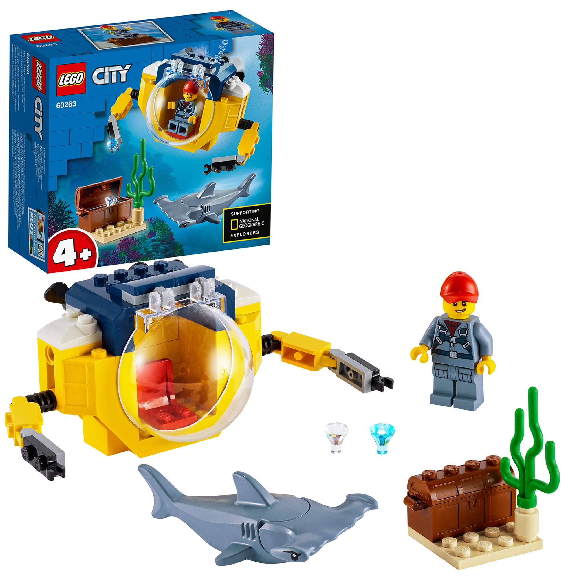 LEGO City U-Boot-Set mit Hai, Schatzkiste und Taucher-Minifigur.