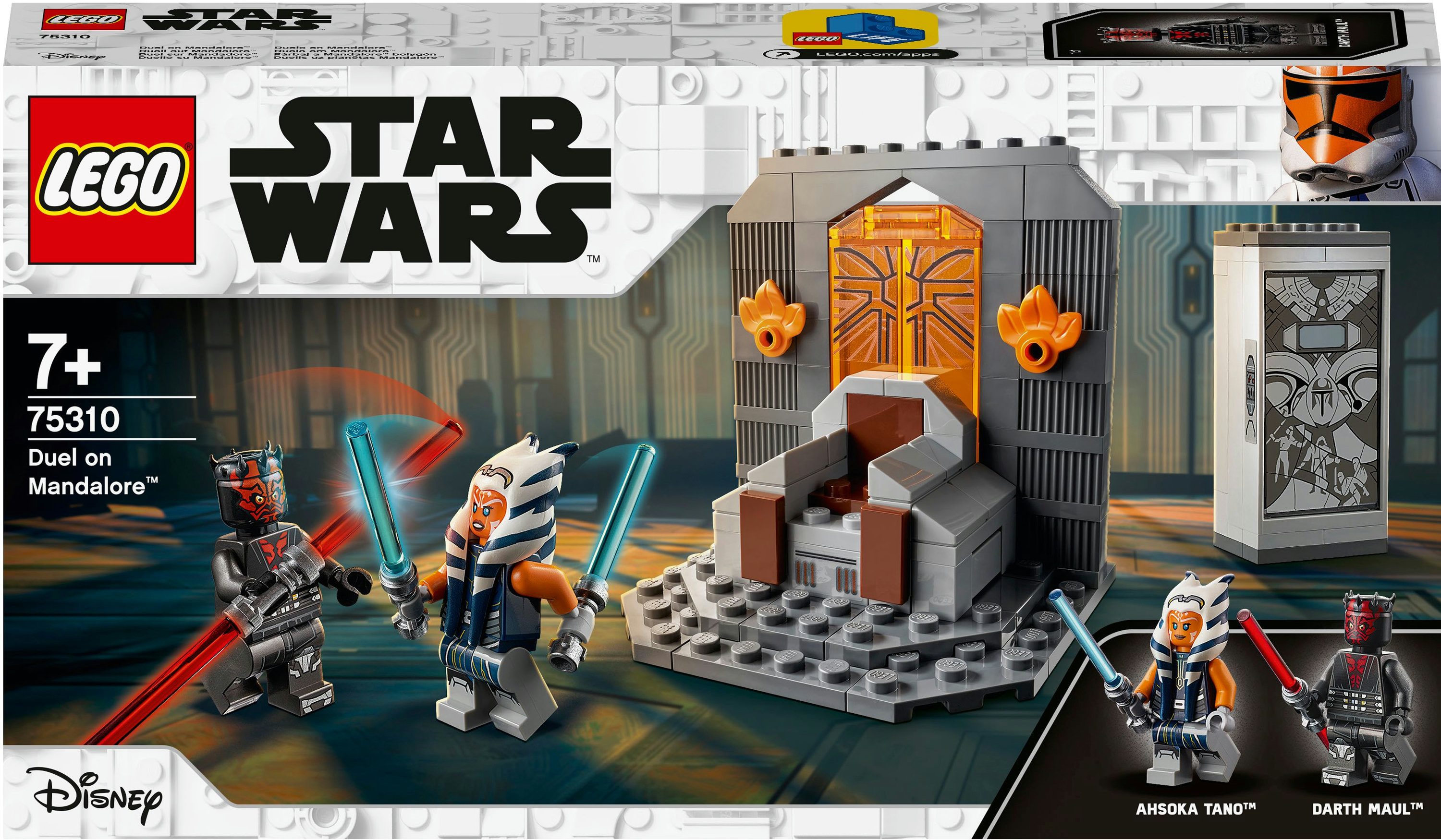 Lego Star Wars Set mit Duellszene mit Ahsoka Tano, Darth Maul und einem Thronsaal-Hintergrund.