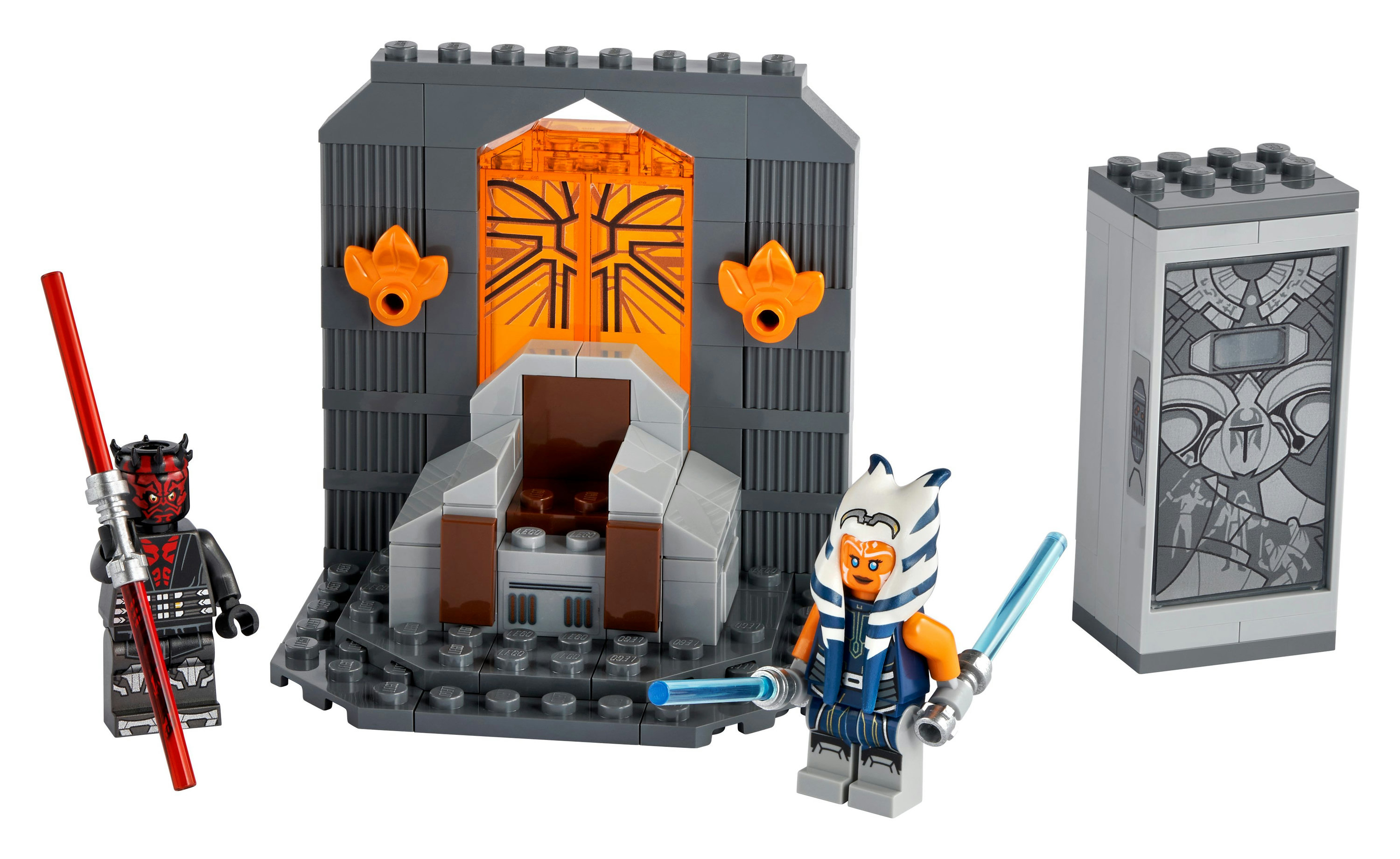 Lego-Set mit Darth Maul und Ahsoka Tano Figuren, plus einer dunklen Thronsaal-Szene.