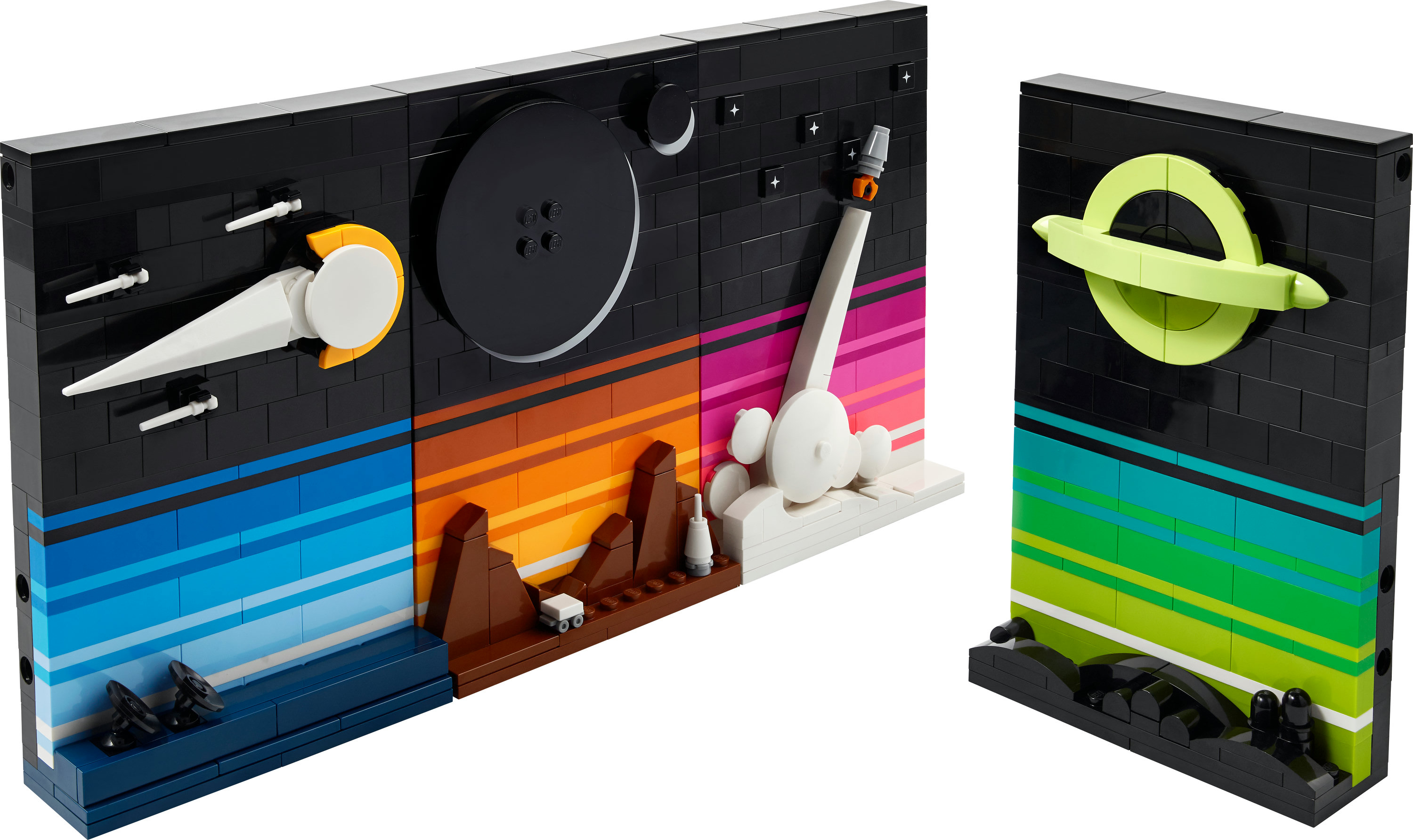 Lego art displays a space scene. It includes a spaceship, planets, and a stylized star field on black.