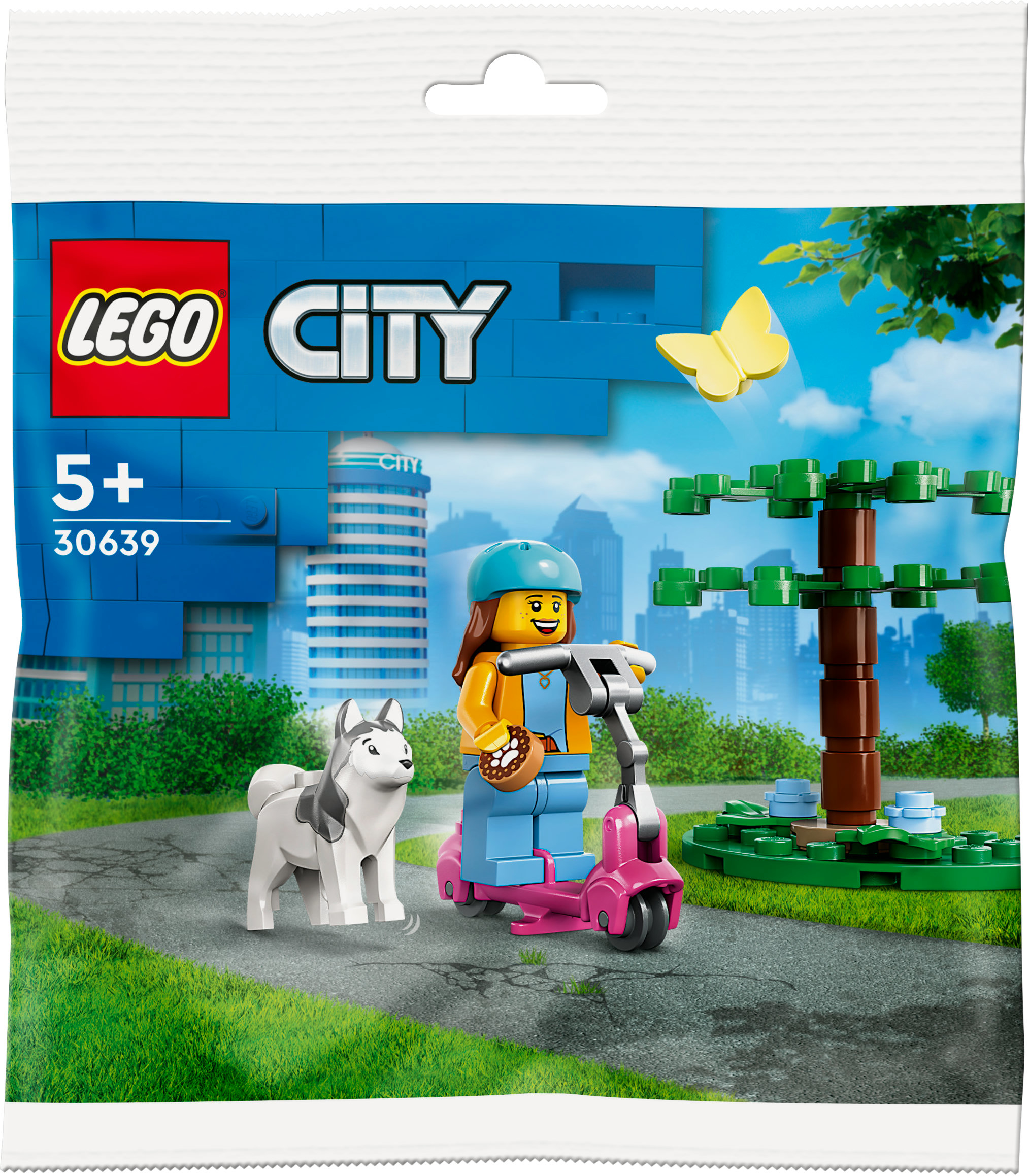 Lego City çantası: Pembe scooter'lı kız, husky köpek ve sarı kelebek.