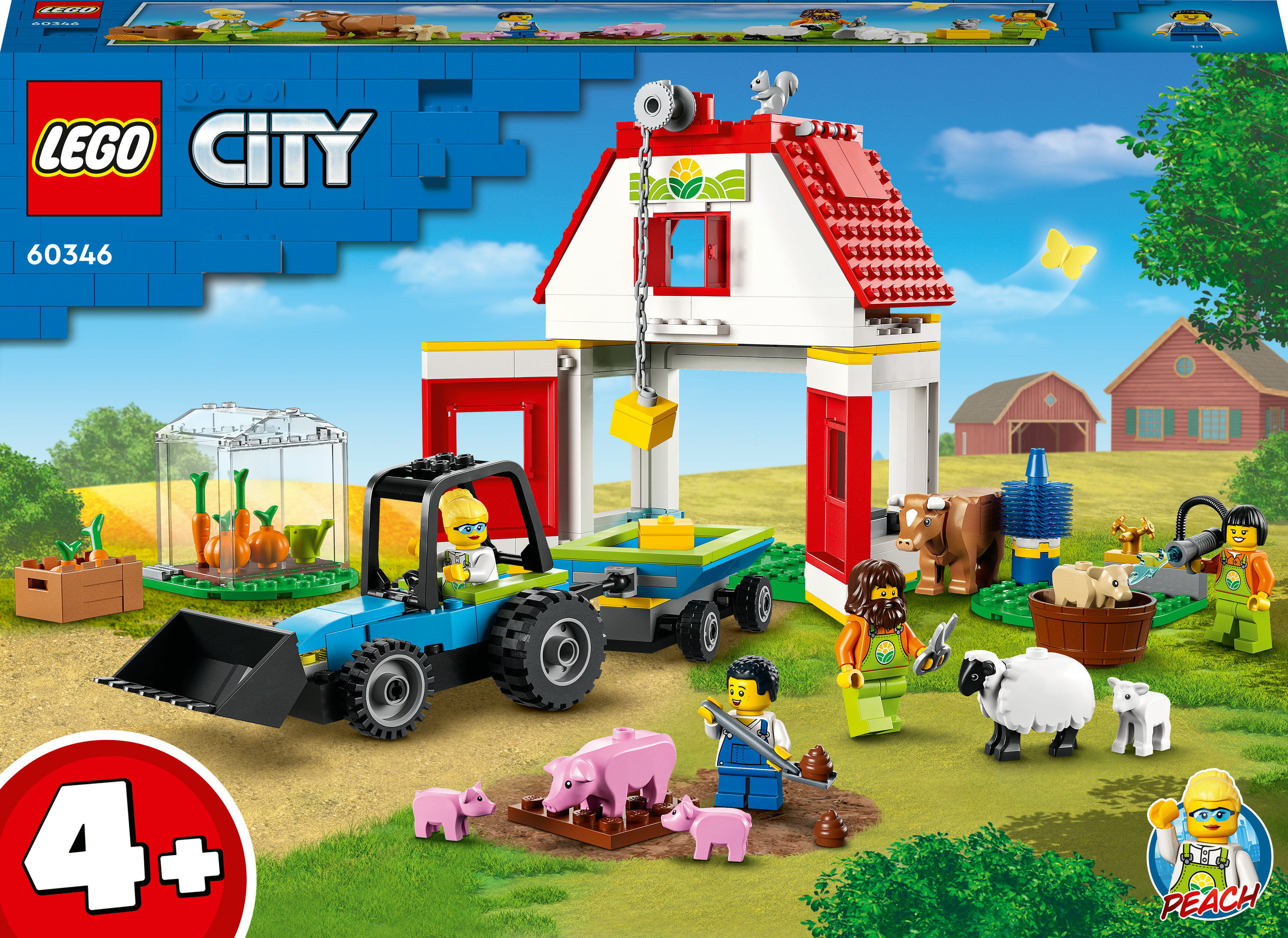 Lego City Set mit Traktor, Schweinen und einer Bauernhofszene mit Gebäuden und Figuren.