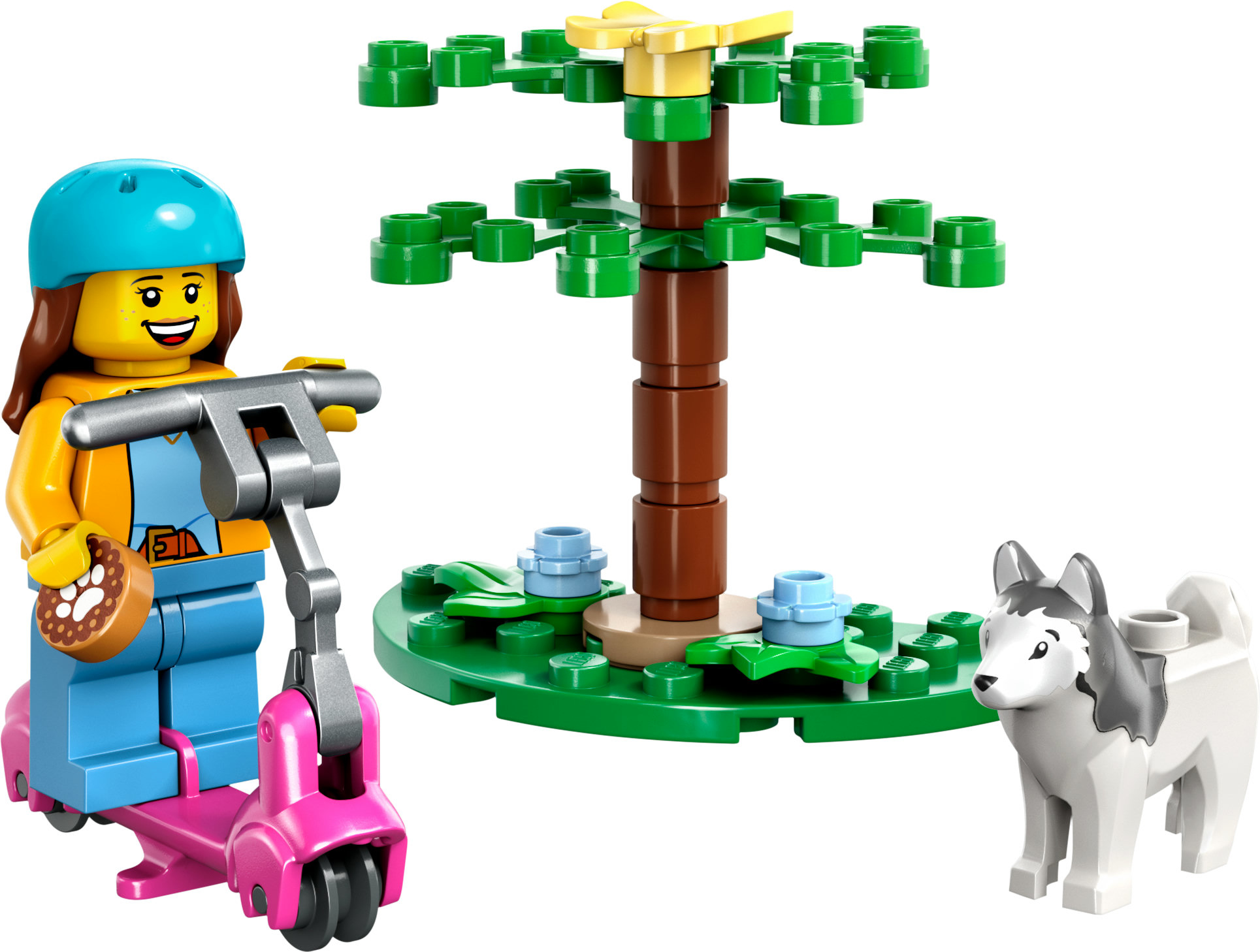 Lego sahnesi: pembe bir scooter üzerinde bir kız, bir ağaç ve bir husky köpek.