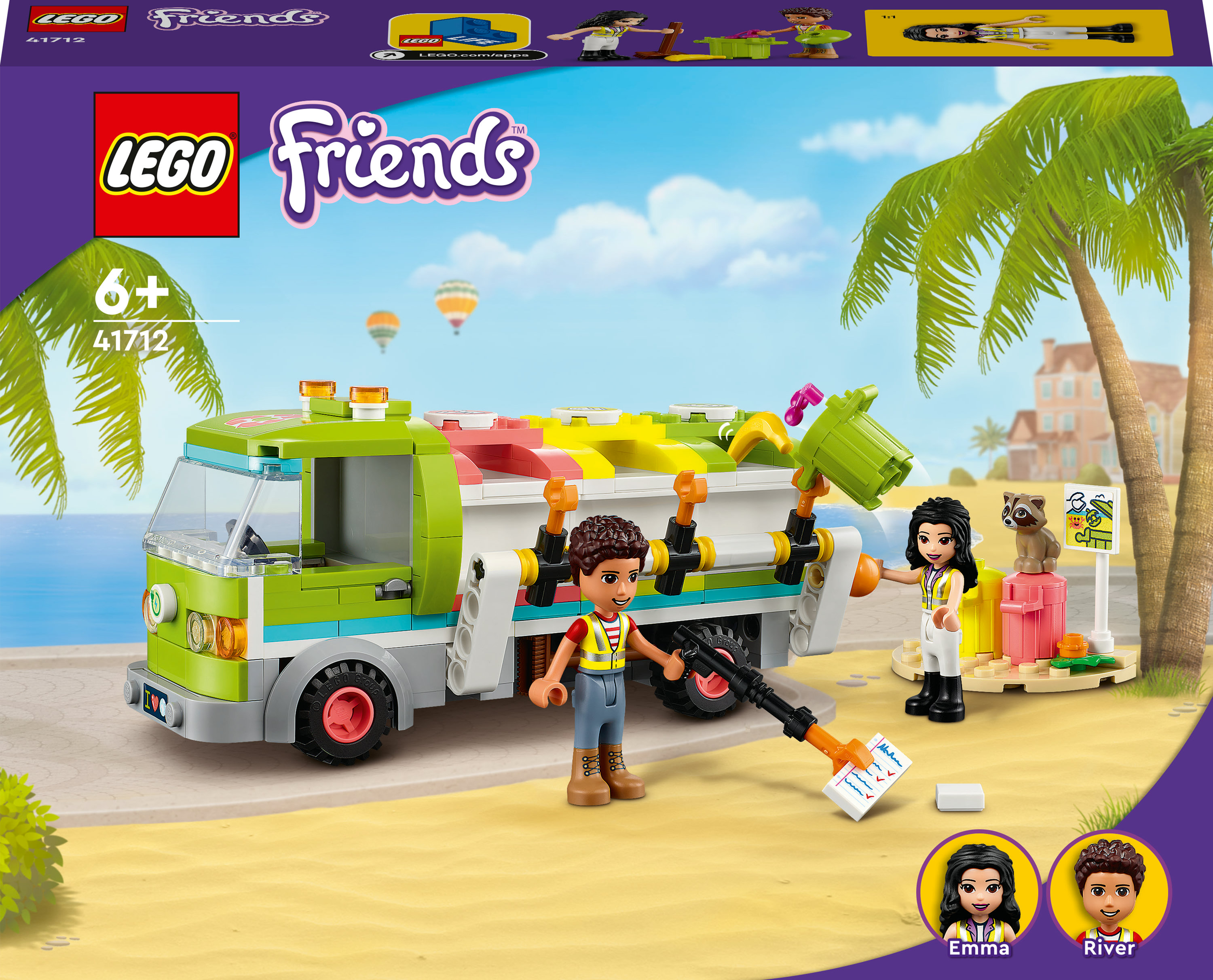 Lego Friends Set mit Müllwagen, Emma, River und Strandszene mit Palmen.