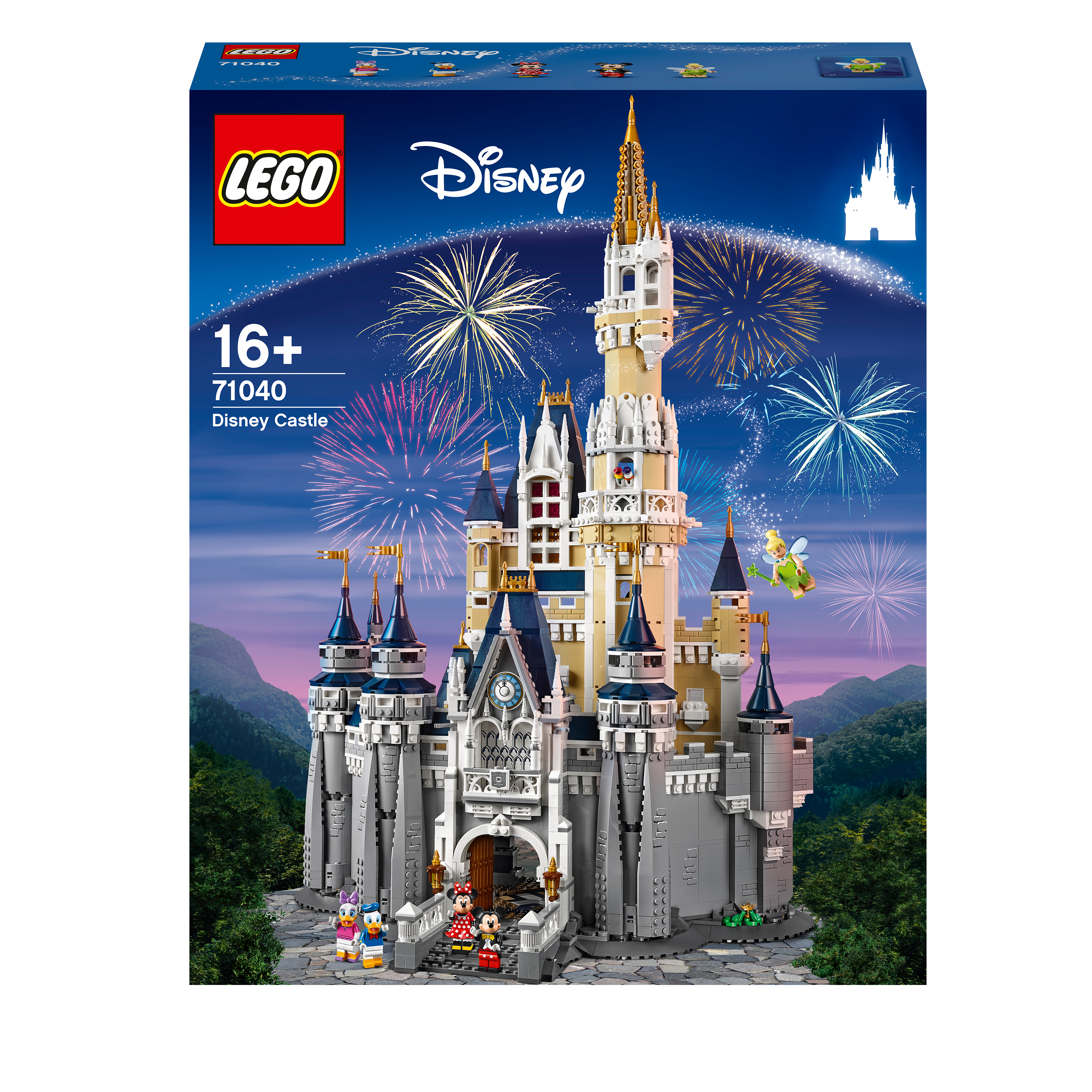 Pudełko z zestawem Lego Disney Castle. Zamek ma wiele wież. Fajerwerki na niebie. Niebieskie tło.