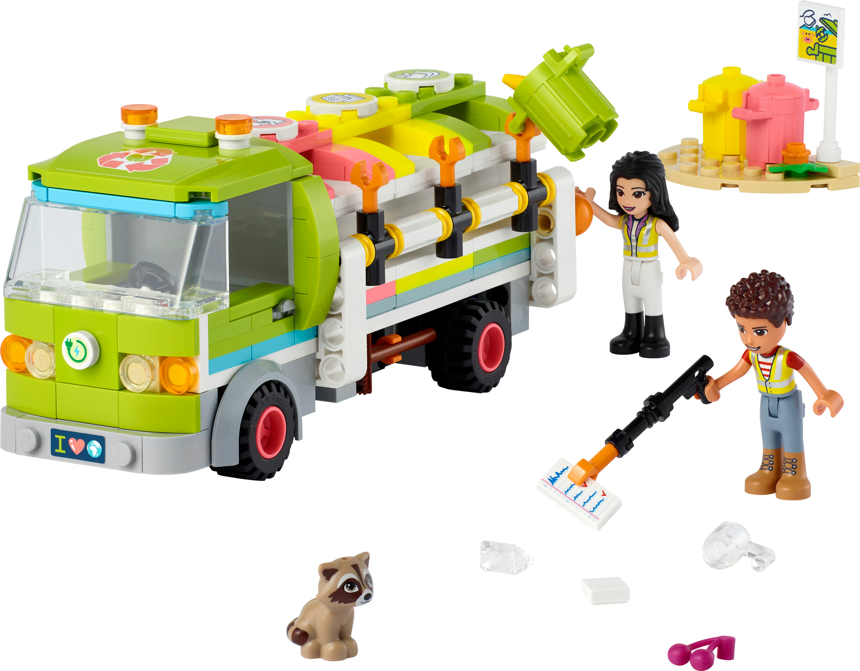 Lego Friends Set mit einem grünen Müllwagen und Figuren.