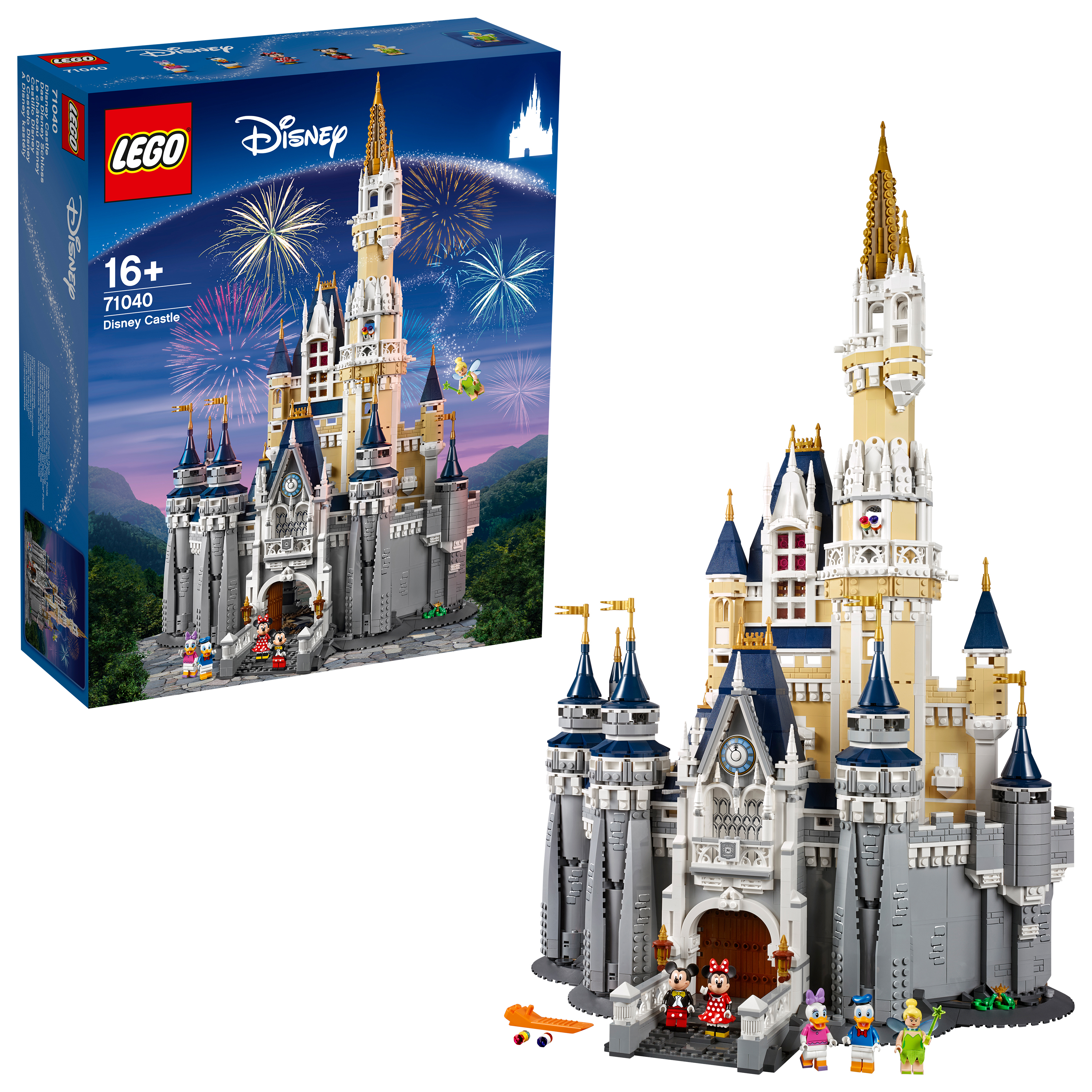 Zestaw LEGO Disney Castle. Duży zamek z minifigurkami, a pudełko pokazuje fajerwerki.