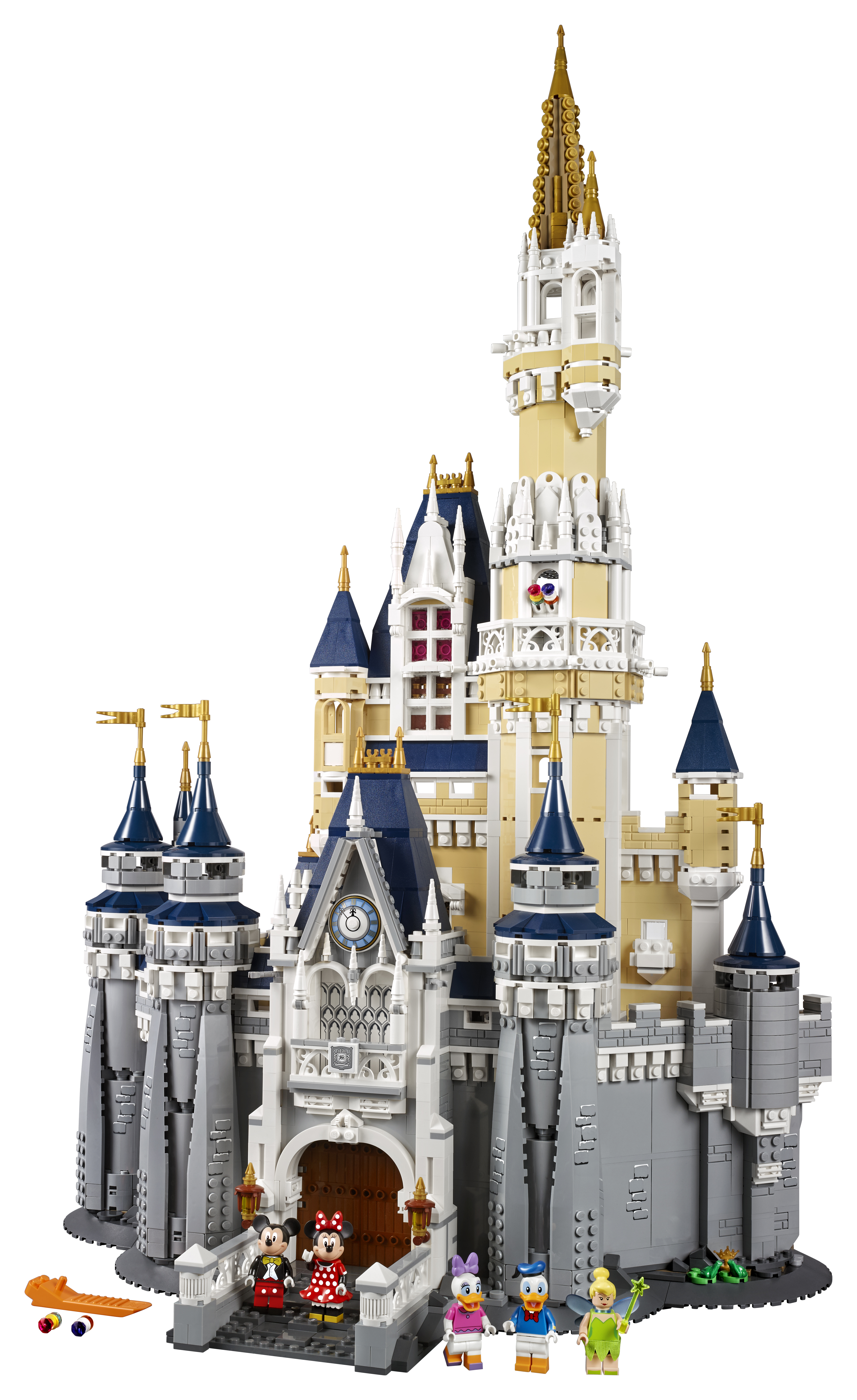 Duży zamek Lego Disneya z figurkami Minnie, Mickey'ego, Donalda, Daisy i Dzwoneczka.