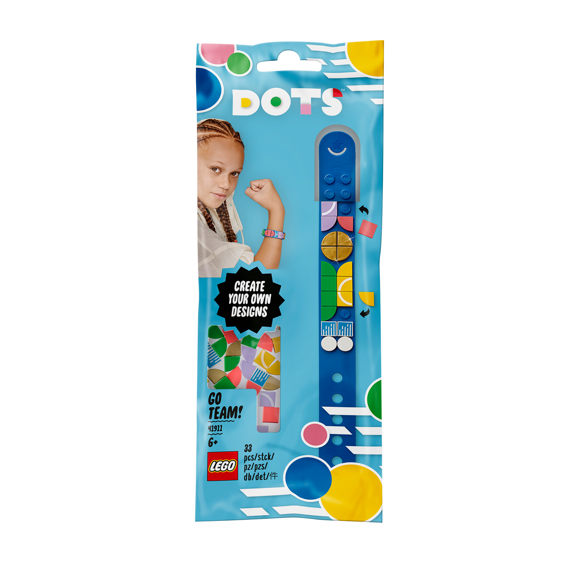 Bir kızın bileklik gösterdiği ve tasarım oluşturmak için renkli aksesuarların bulunduğu bir Lego Dots seti.