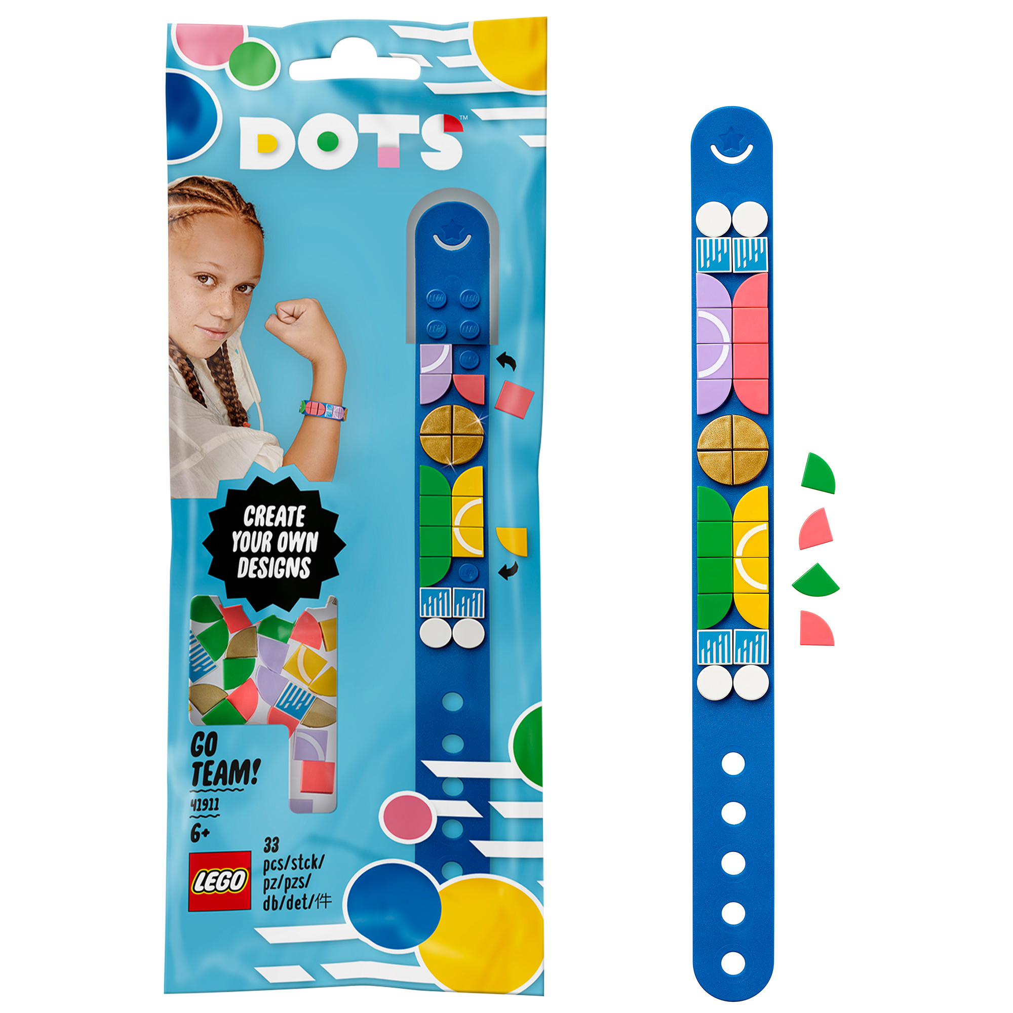 Mavi bir bileklik, üzerinde bir kız olan bir paket ve diğer renkli öğeler içeren bir Lego Dots seti.