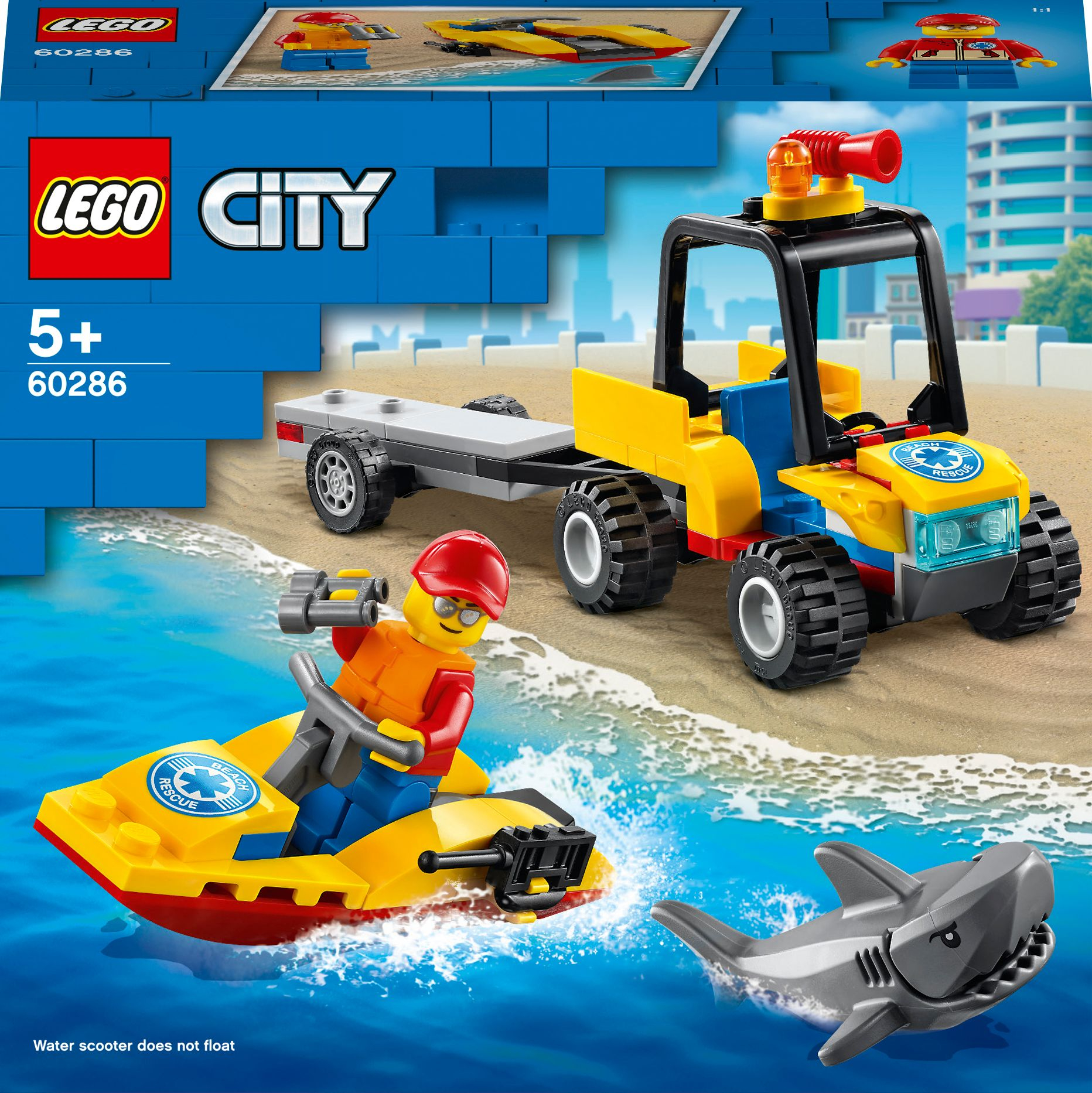 Set LEGO City con jet ski, veicolo di soccorso e uno squalo in acqua.