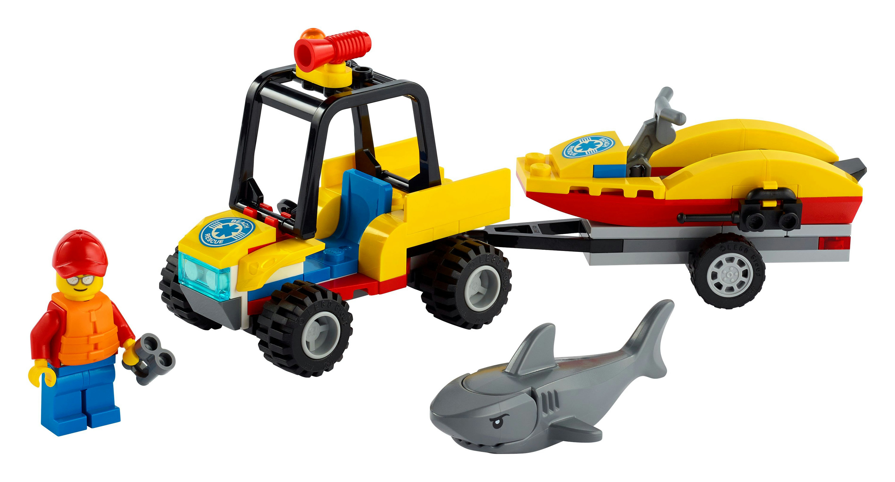 Un veicolo di soccorso Lego con uno squalo e un uomo.