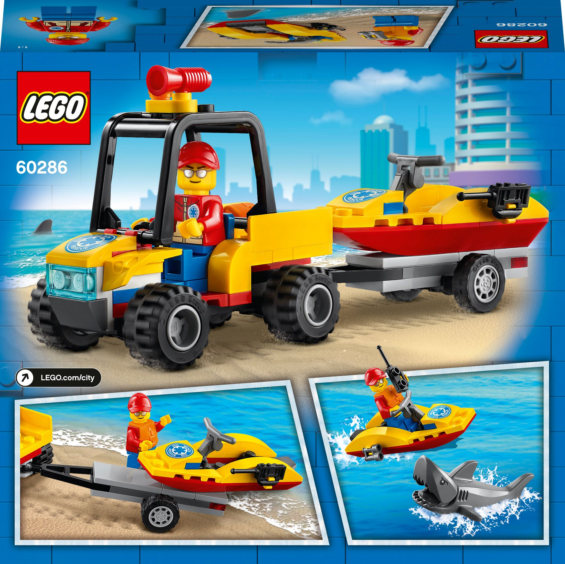 Set LEGO City, con un veicolo di soccorso e una barca su un rimorchio, e immagini di uno squalo.