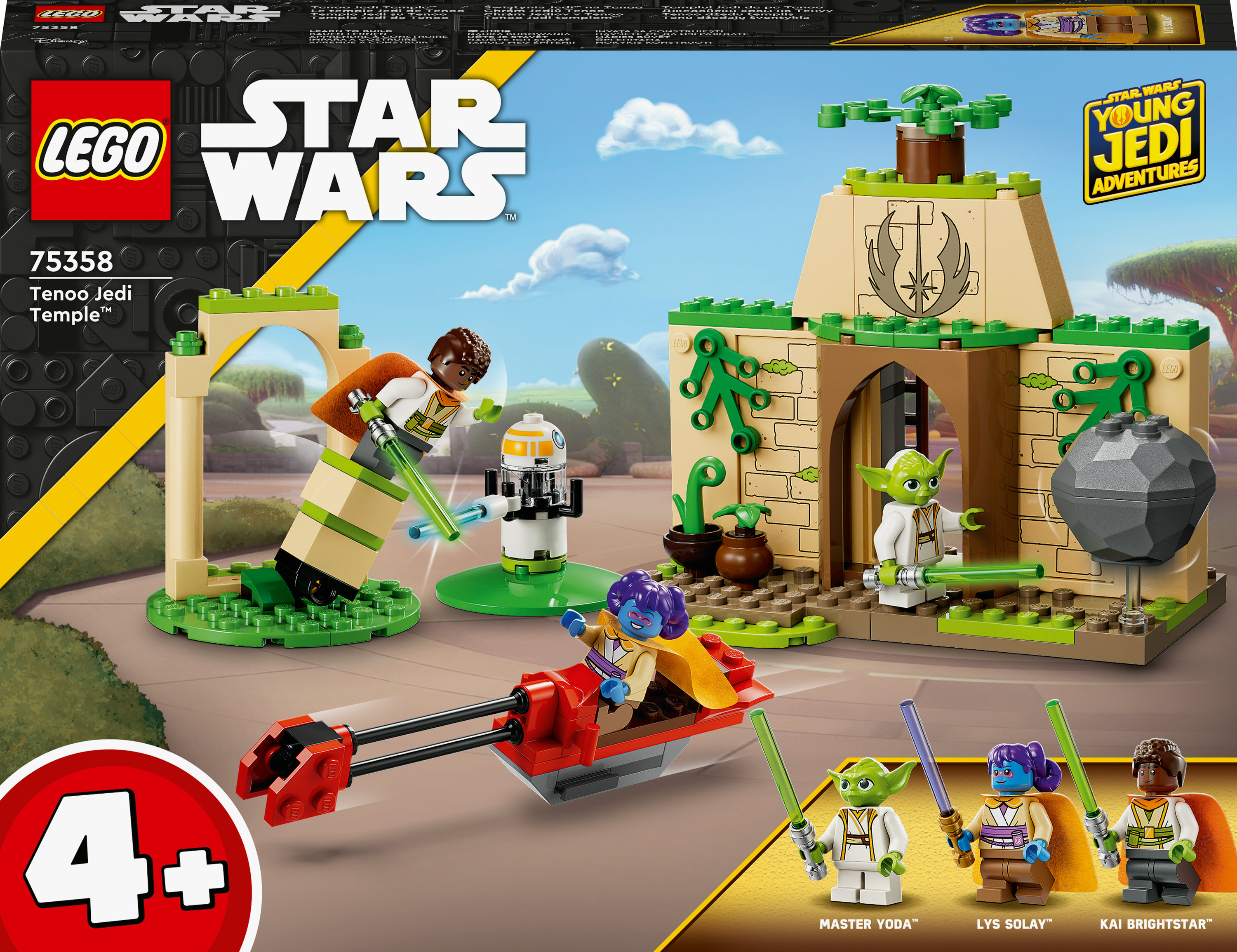 Een Lego-doos toont een Star Wars-scène met Yoda, een tempel en figuren.