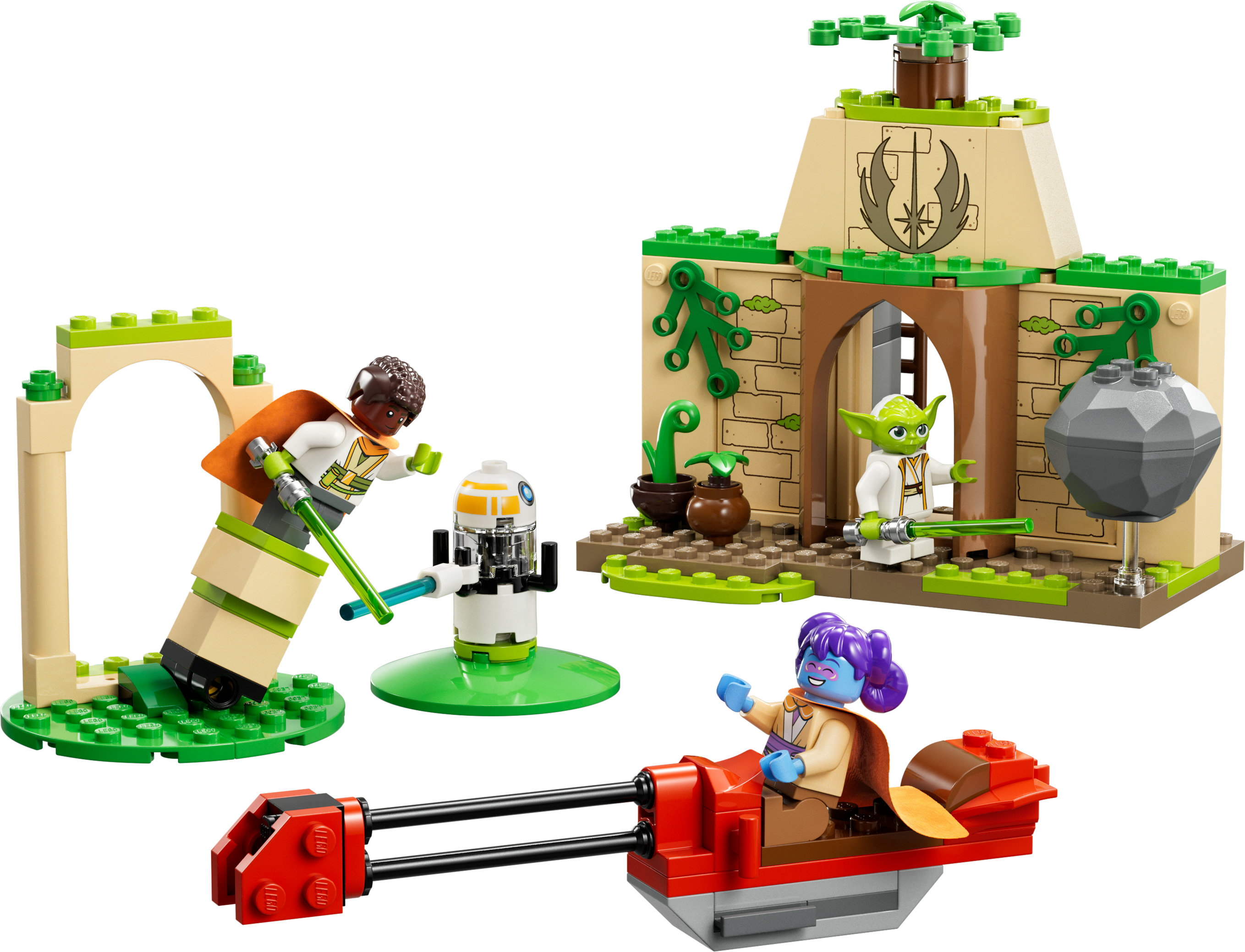 Lego Star Wars set met Yoda, figuren, gebouw en een rode speeder.