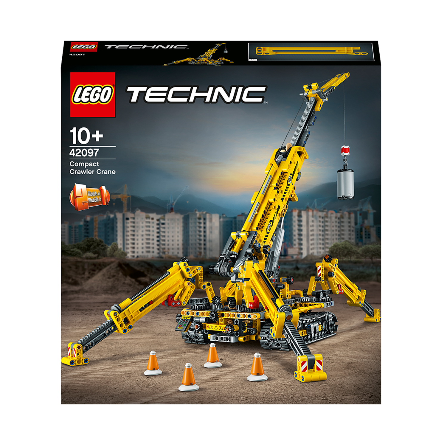 Lego Technic Compact Crawler Crane set. Yellow crane with a detailed design, displayed in a box art.