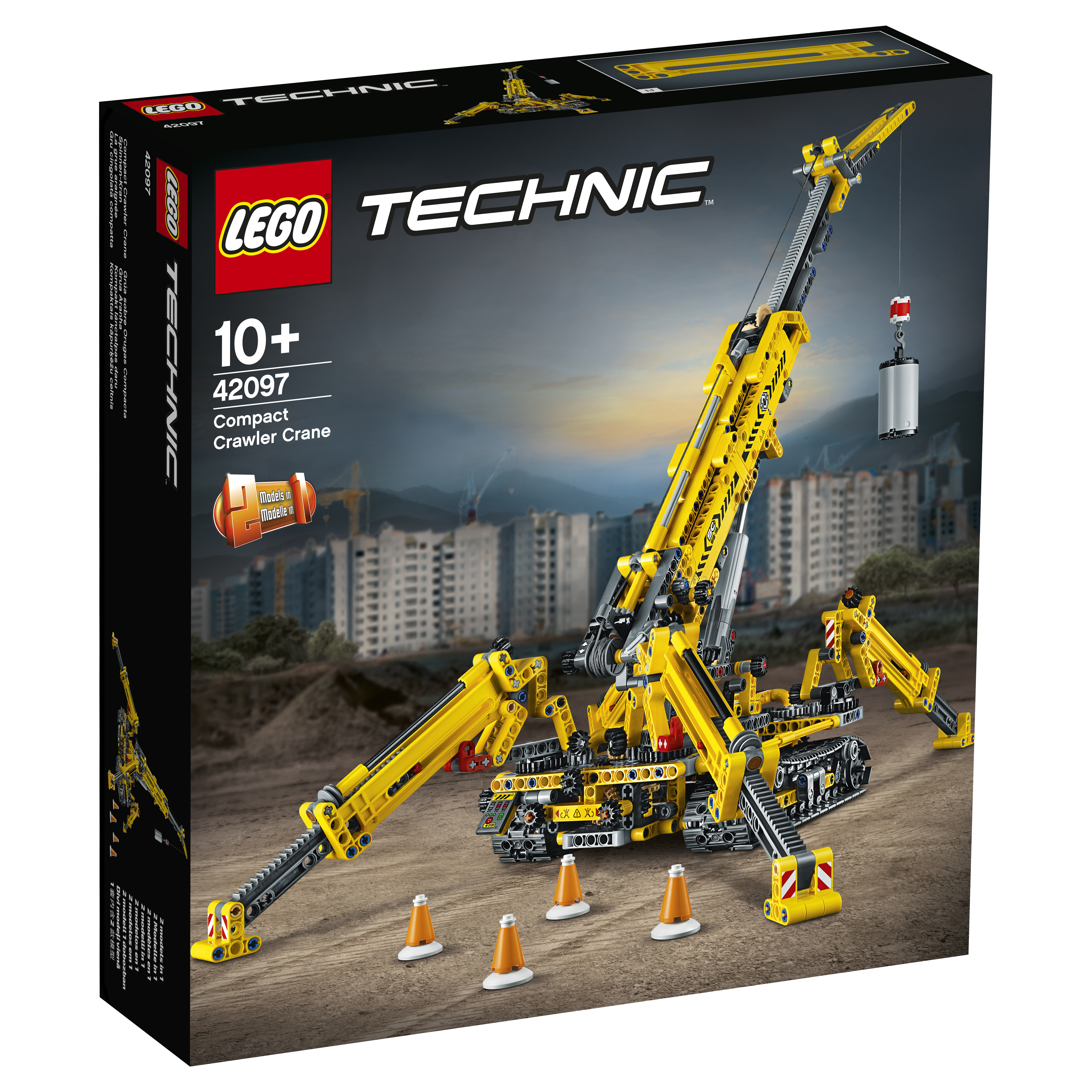 Lego Technic box of a yellow compact crawler crane model with construction site.