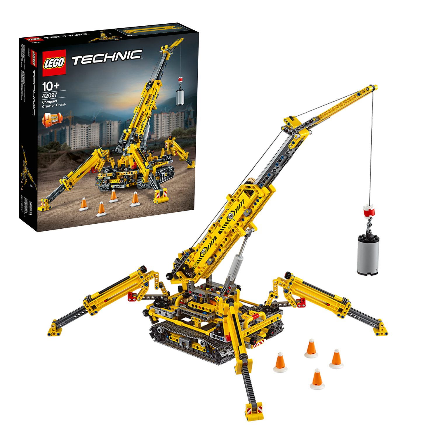 A Lego Technic mobile crane set, with a yellow and black color scheme.