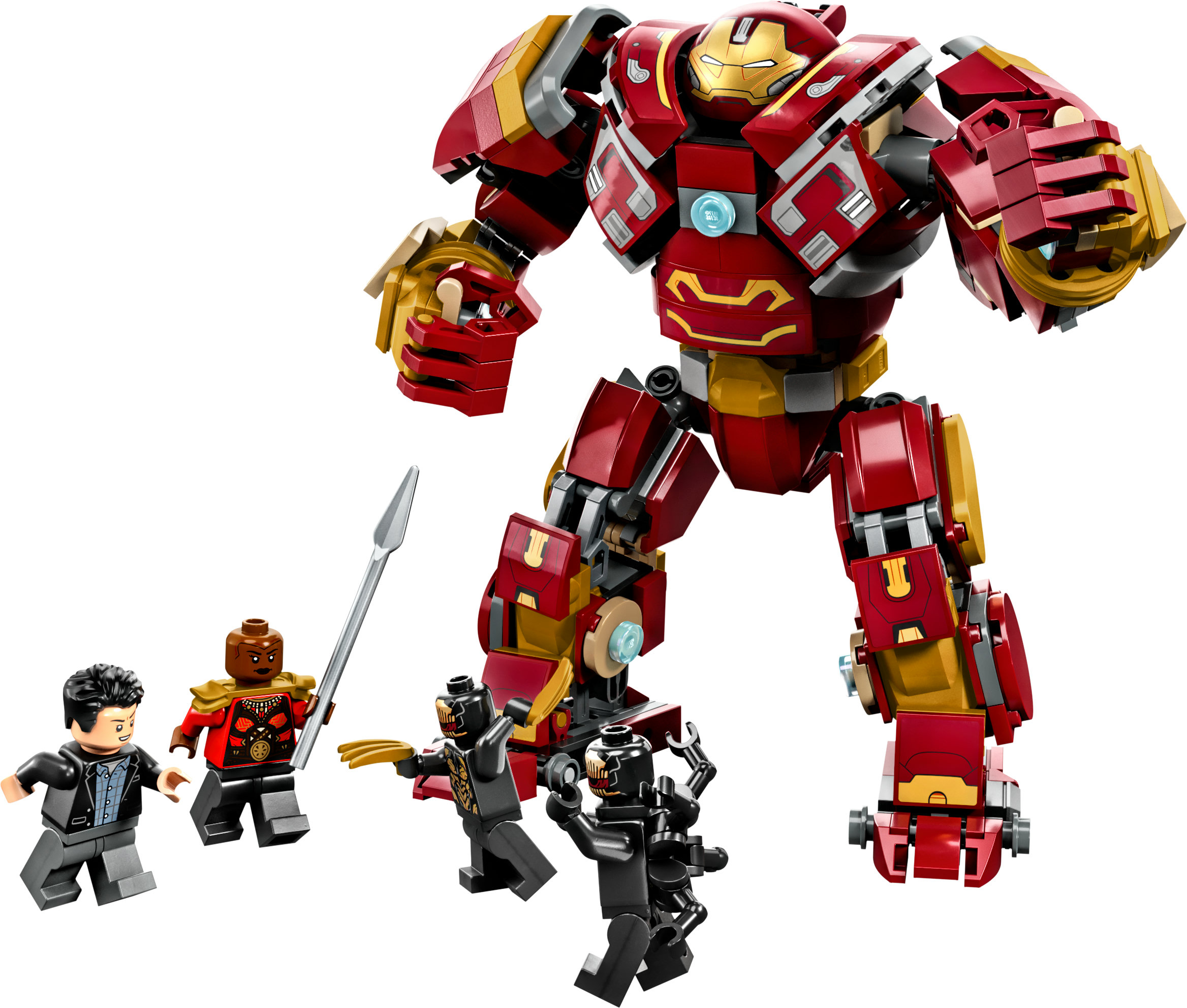 Lego Marvel Set mit einer Iron Man Figur, anderen Figuren und einem großen rot-goldenen Mech.