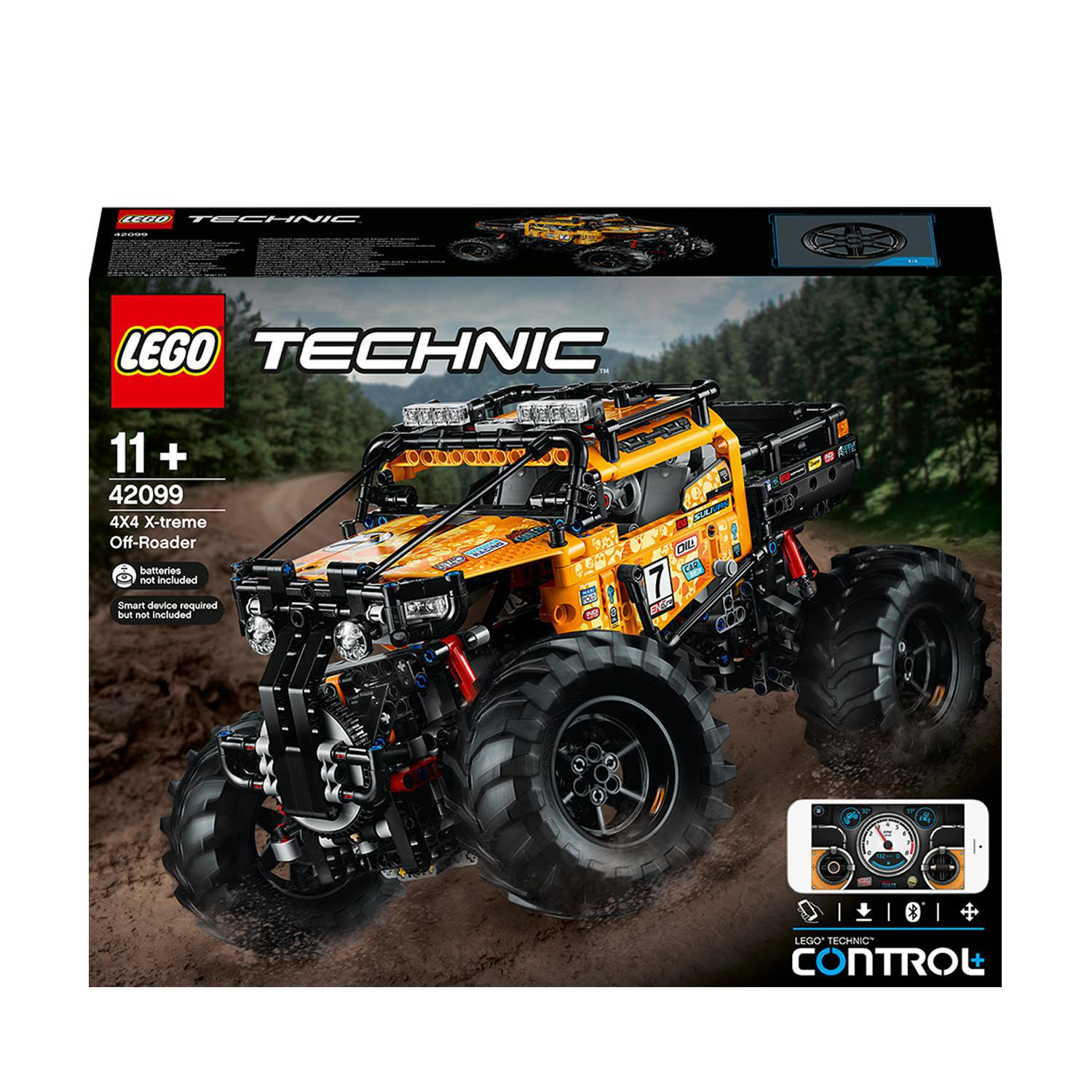 Pudełko Lego Technic 4x4 Off-Roader. Żółty i czarny model ciężarówki z dużymi oponami. Zawiera aplikację sterującą.