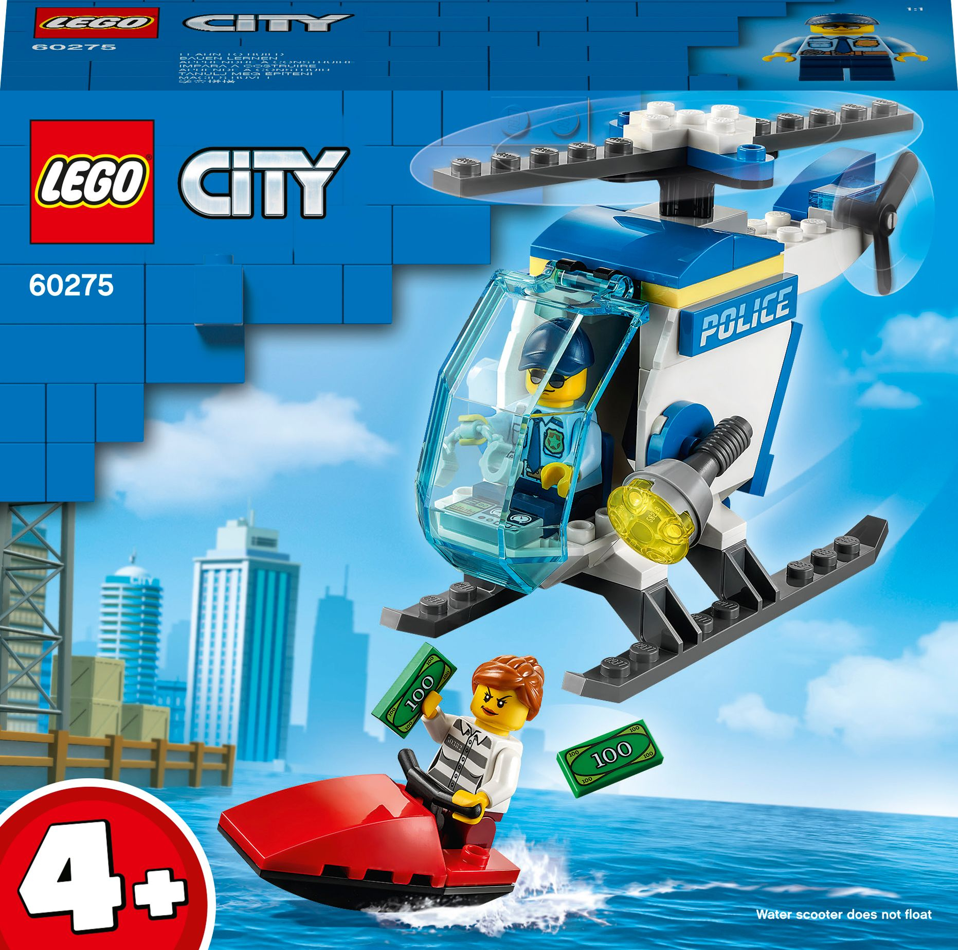 Ein Lego City Polizeihubschrauber verfolgt ein Jet-Ski mit einem Räuber und Geld.