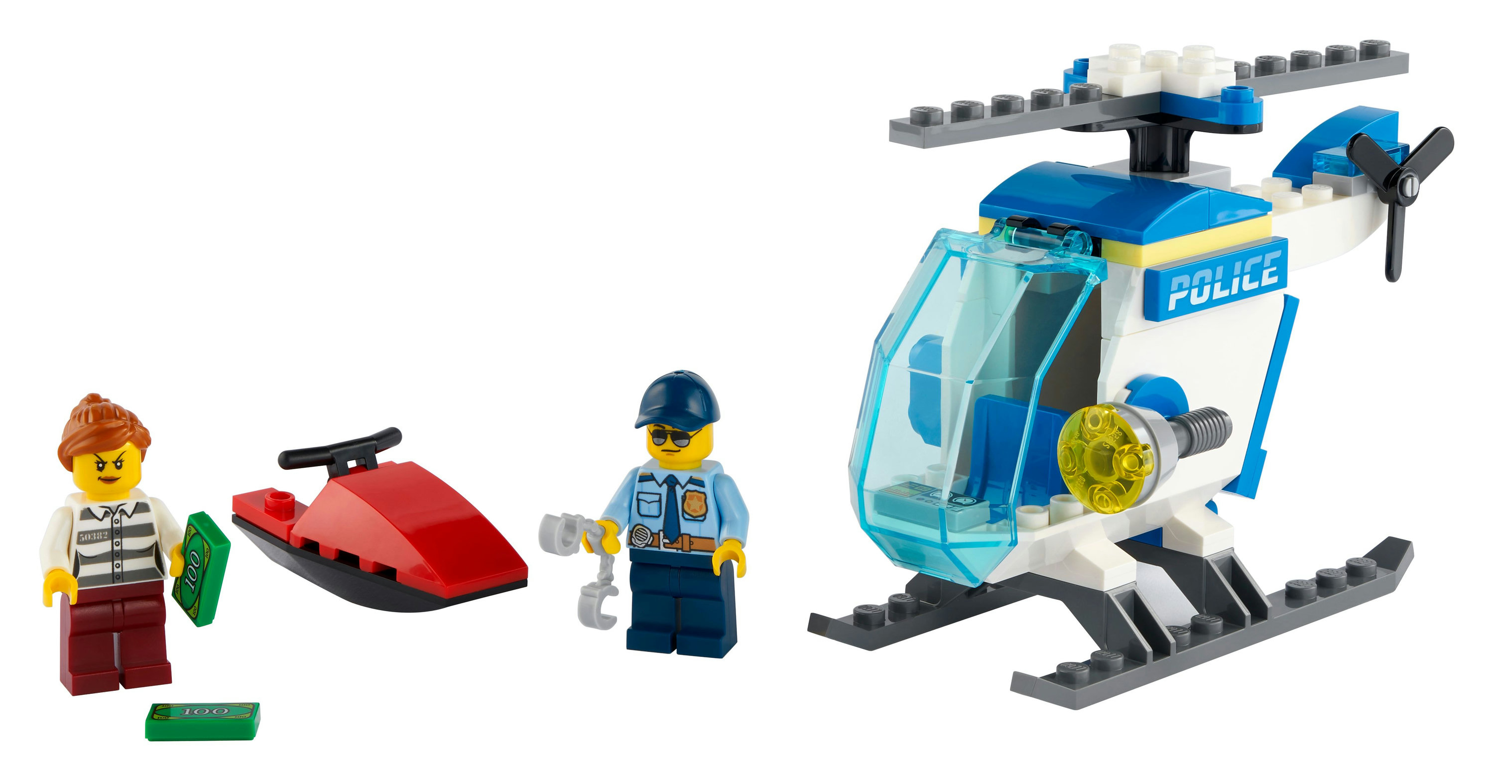 Lego City Polizei-Set mit Hubschrauber, Jetski und zwei Minifiguren.