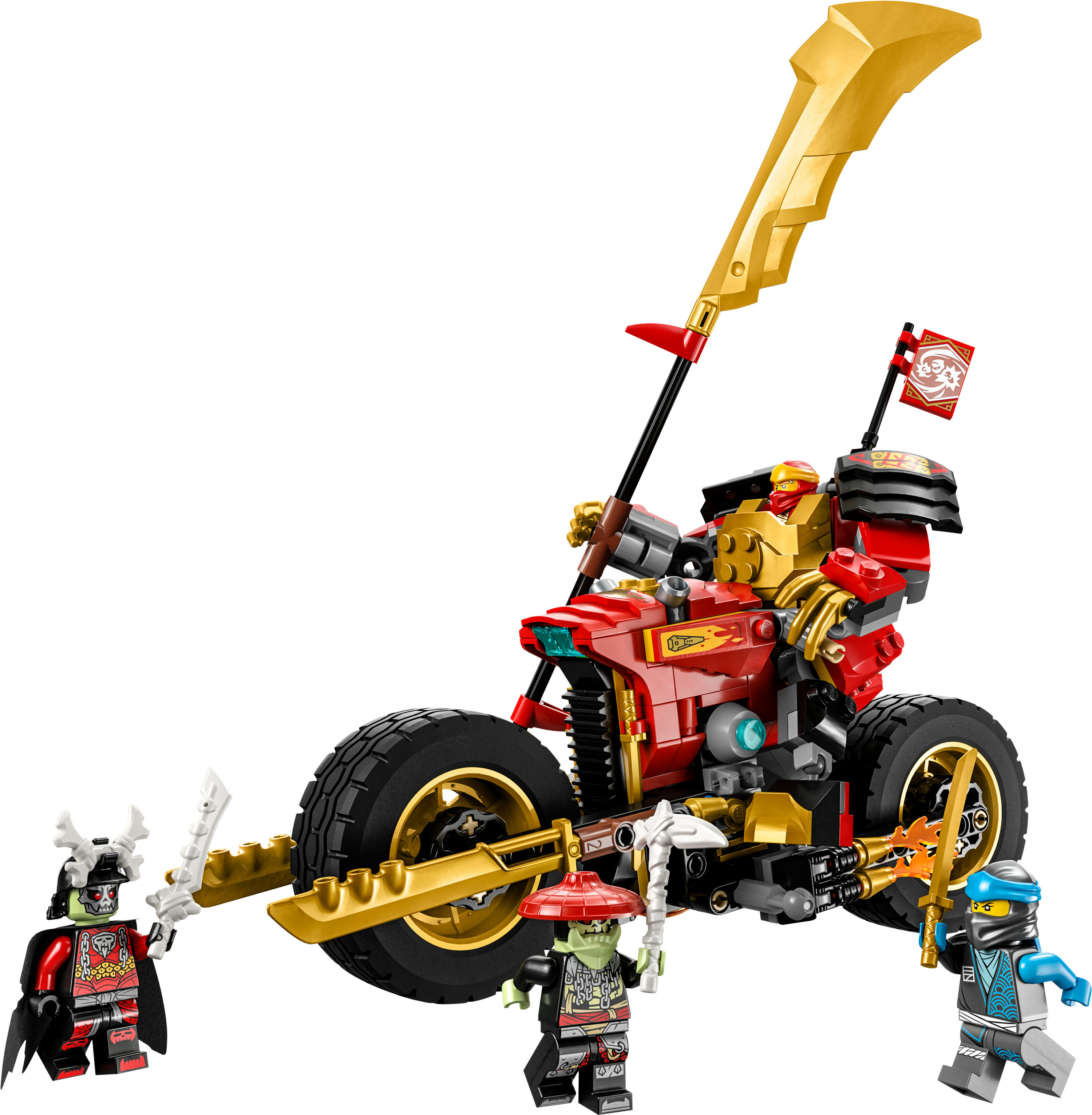 Een Lego-set met een rood-gouden figuur op een motor en drie minifiguren.