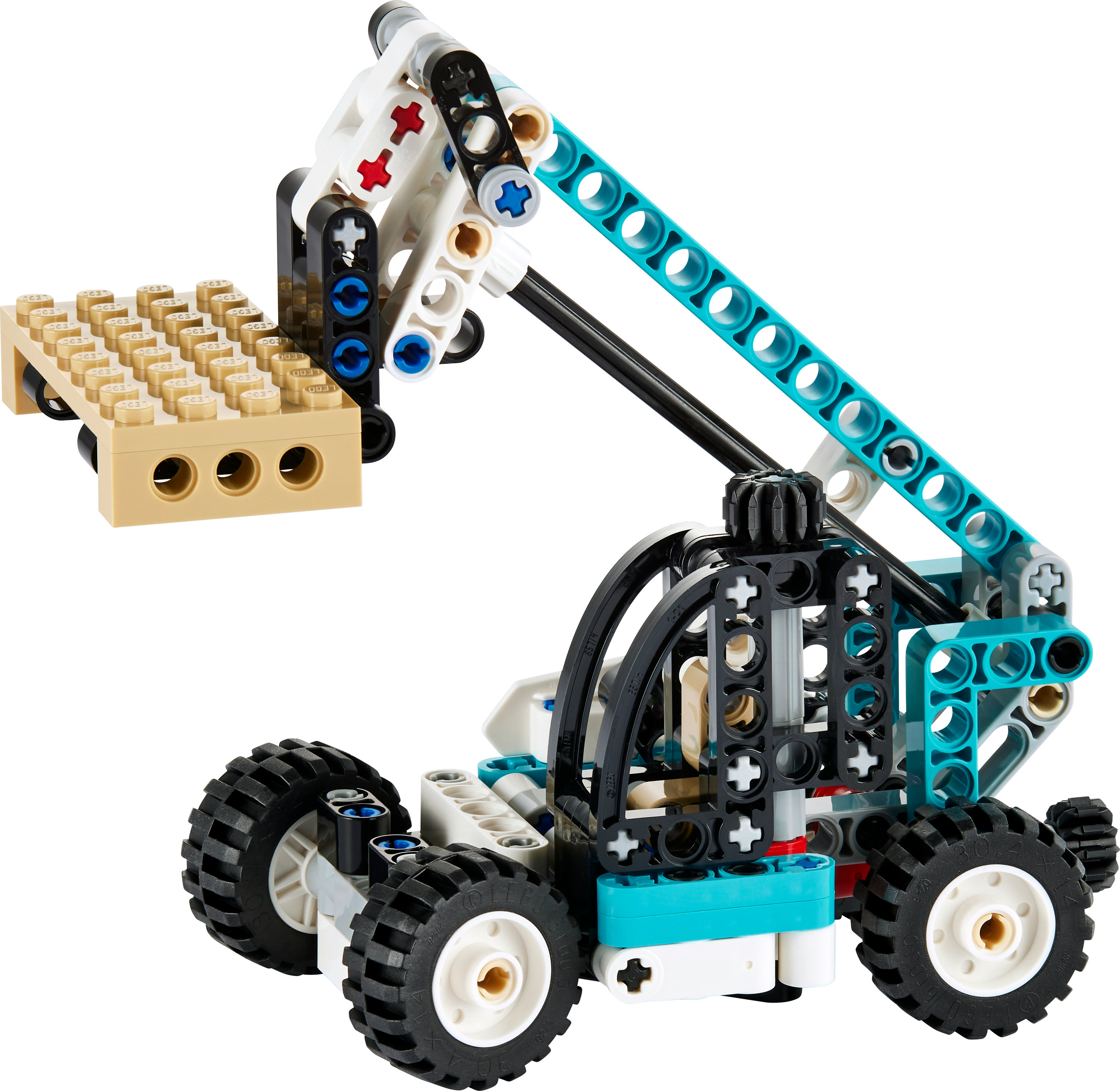 Ein Lego Technic Gabelstapler-Modell mit einer Palette Ziegeln. Es ist ein Set zum Thema Bauen mit einem Hebearm.