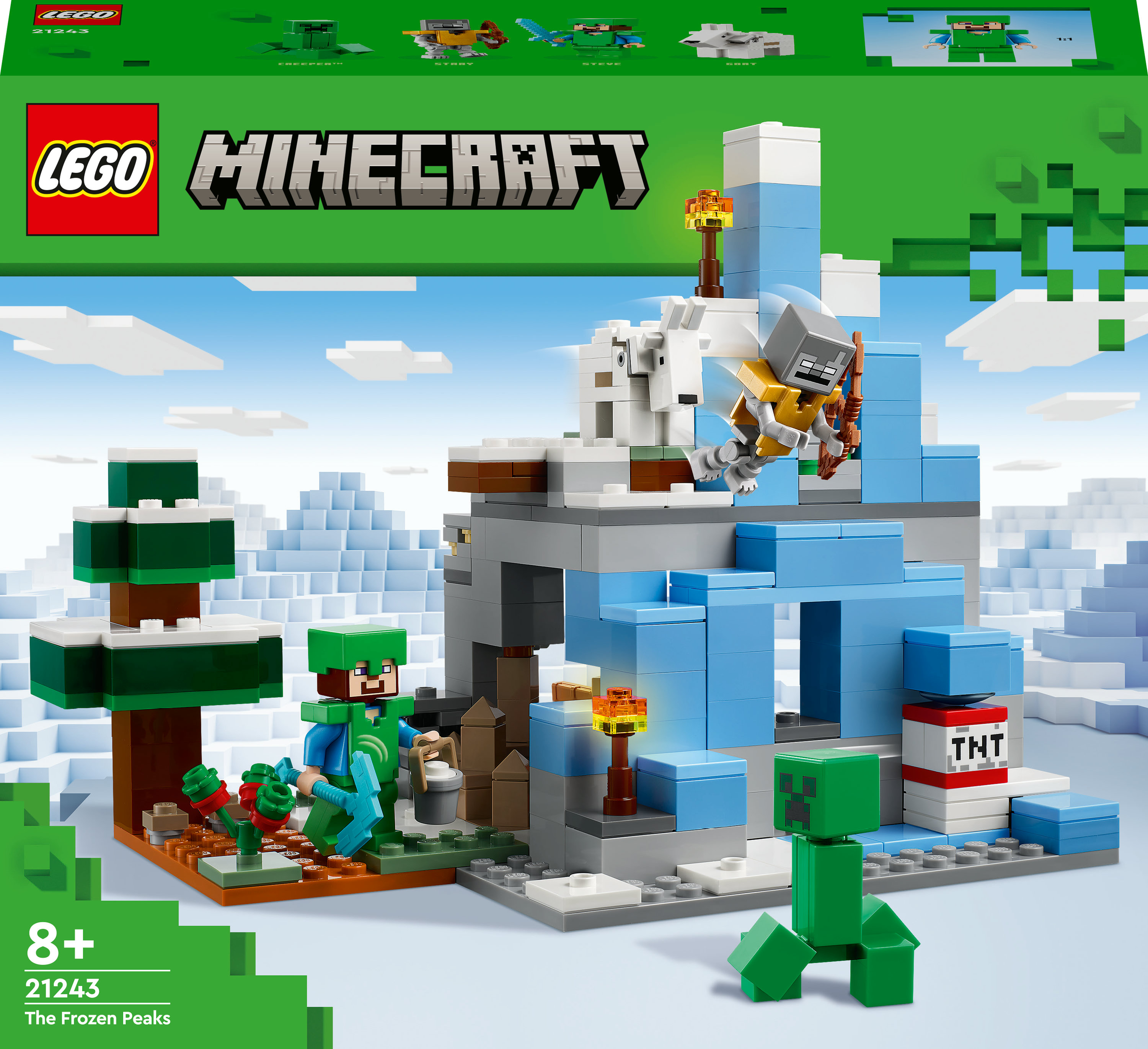 LEGO Minecraft Set mit schneebedeckter Bergszene, Steve-Figur und Creeper.