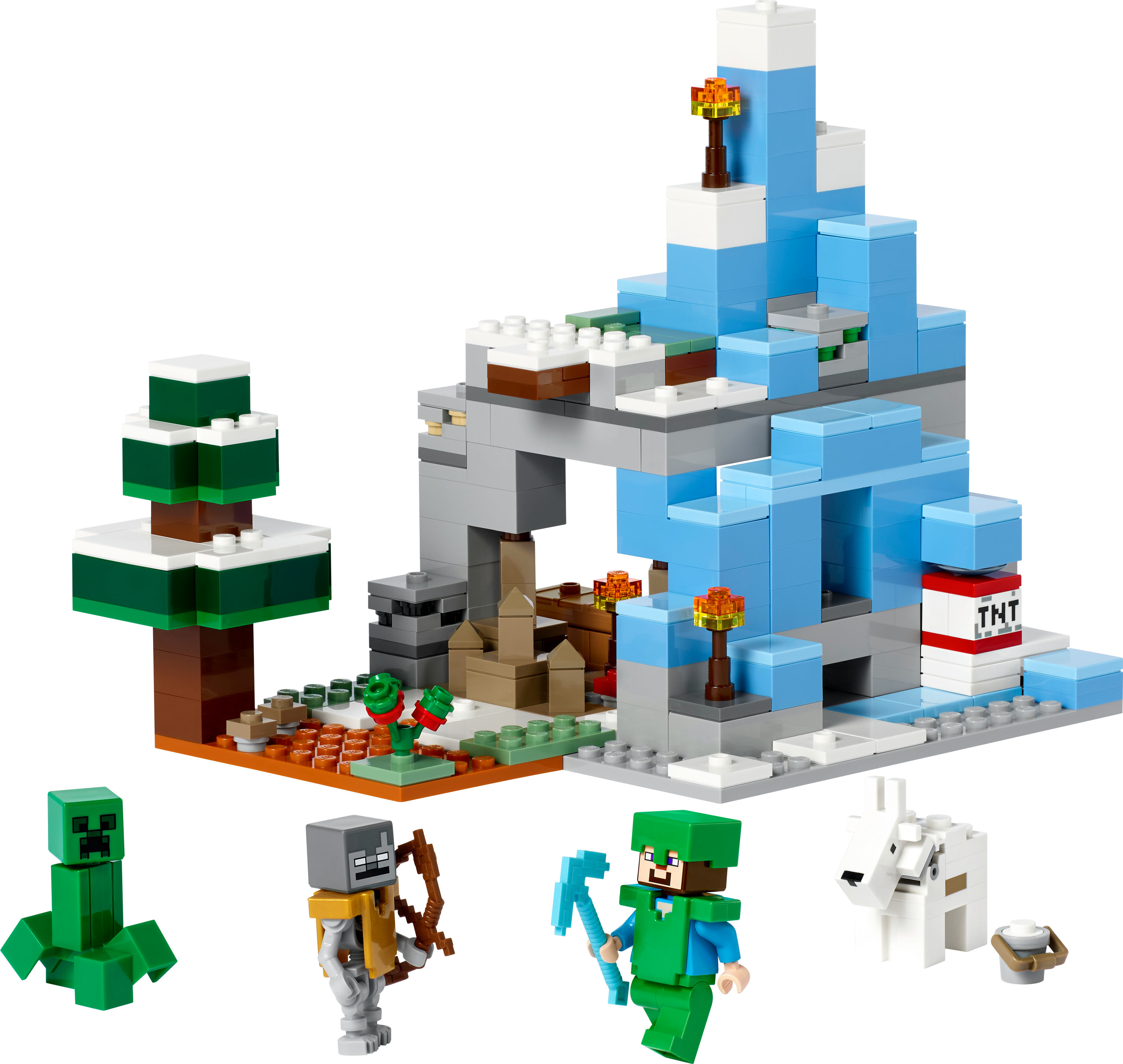 Lego Minecraft-Set mit schneebedecktem Berg, Creeper, Skelett und Minecraft-Figur mit Spitzhacke.
