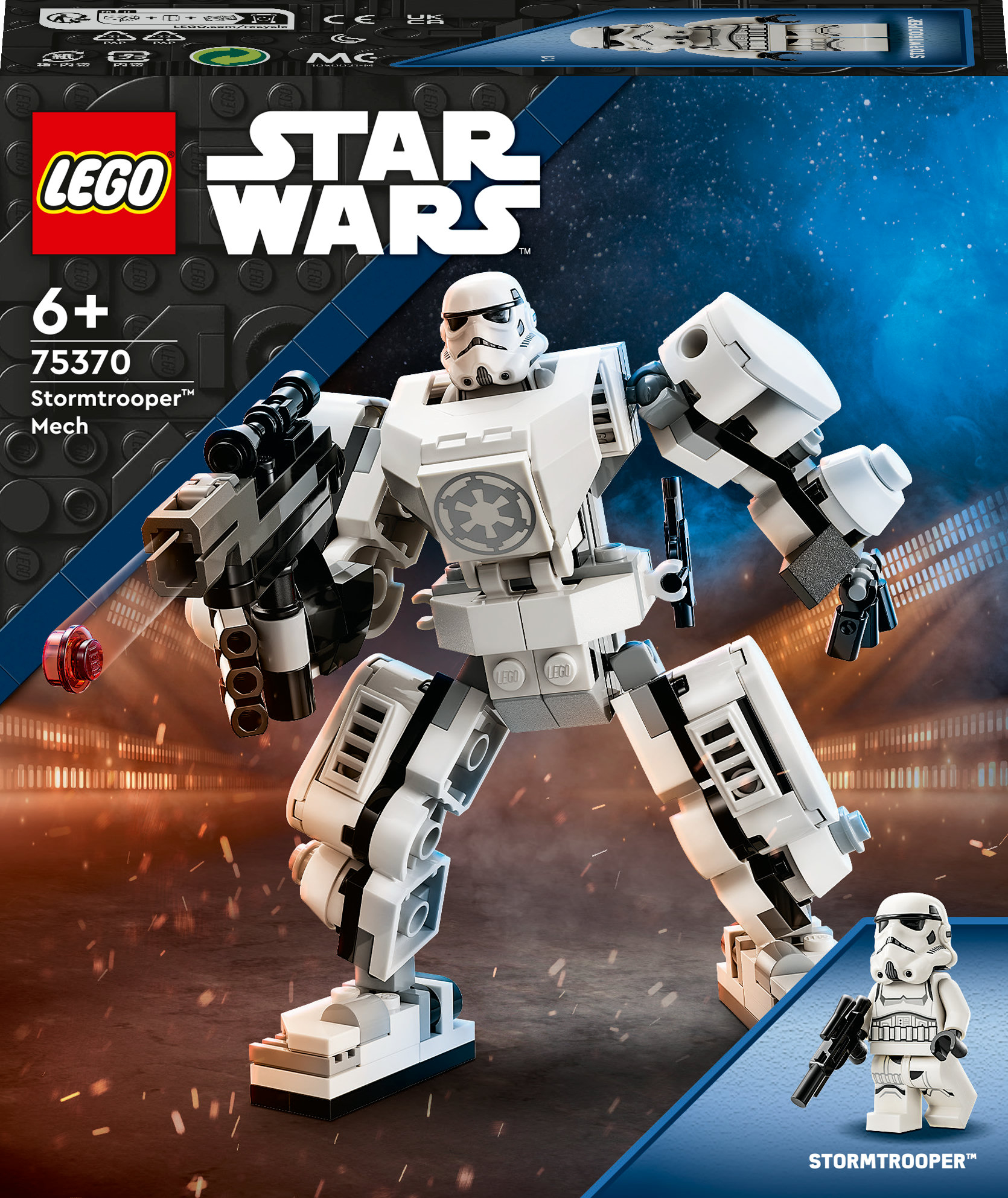 Lego Star Wars Stormtrooper Mech figürü ve kutu sanatı. Beyaz ve siyah.