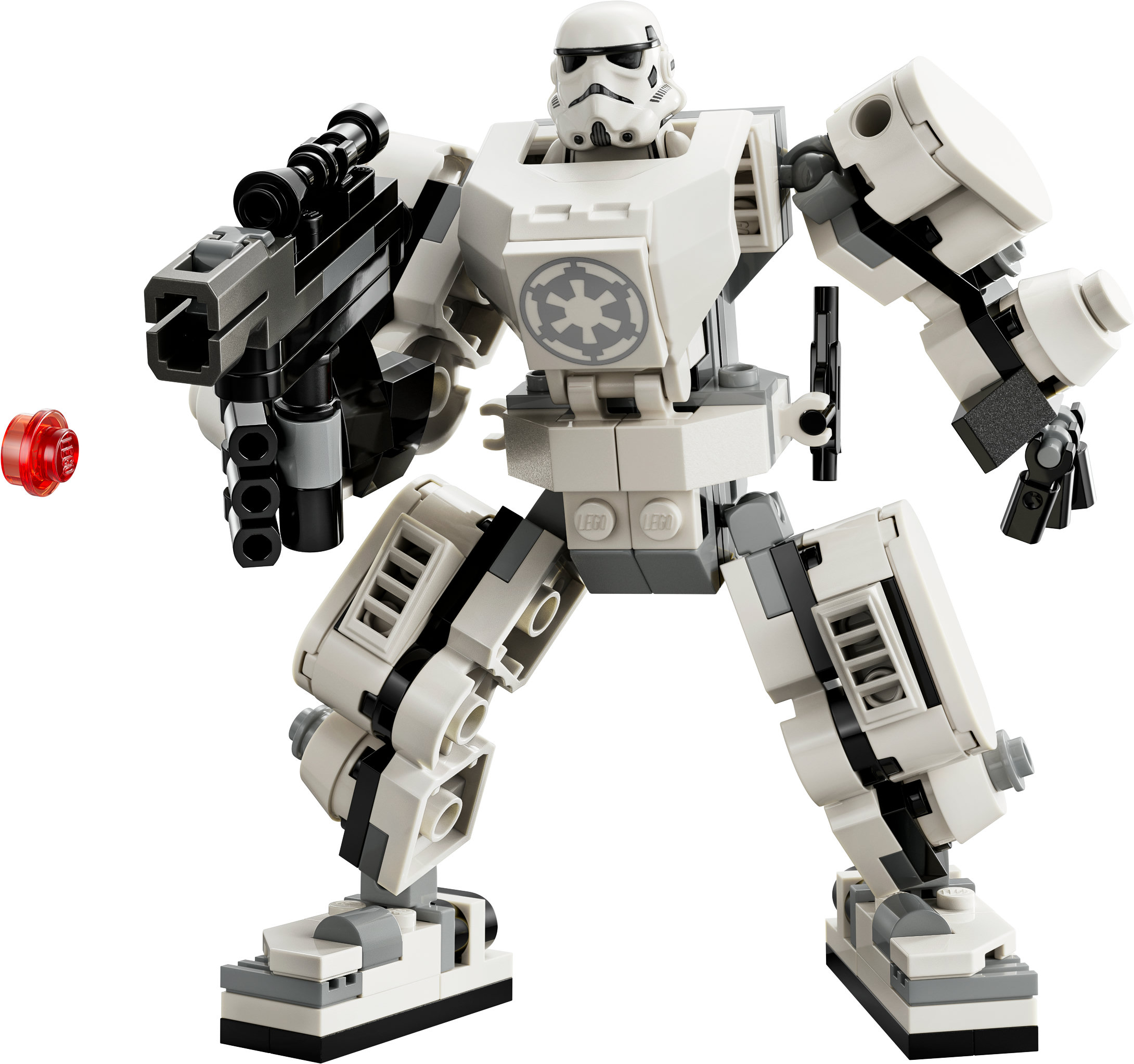 Blasterlı Lego Stormtrooper mekiği figürü. Kırmızı bir vida sol ele yakın.