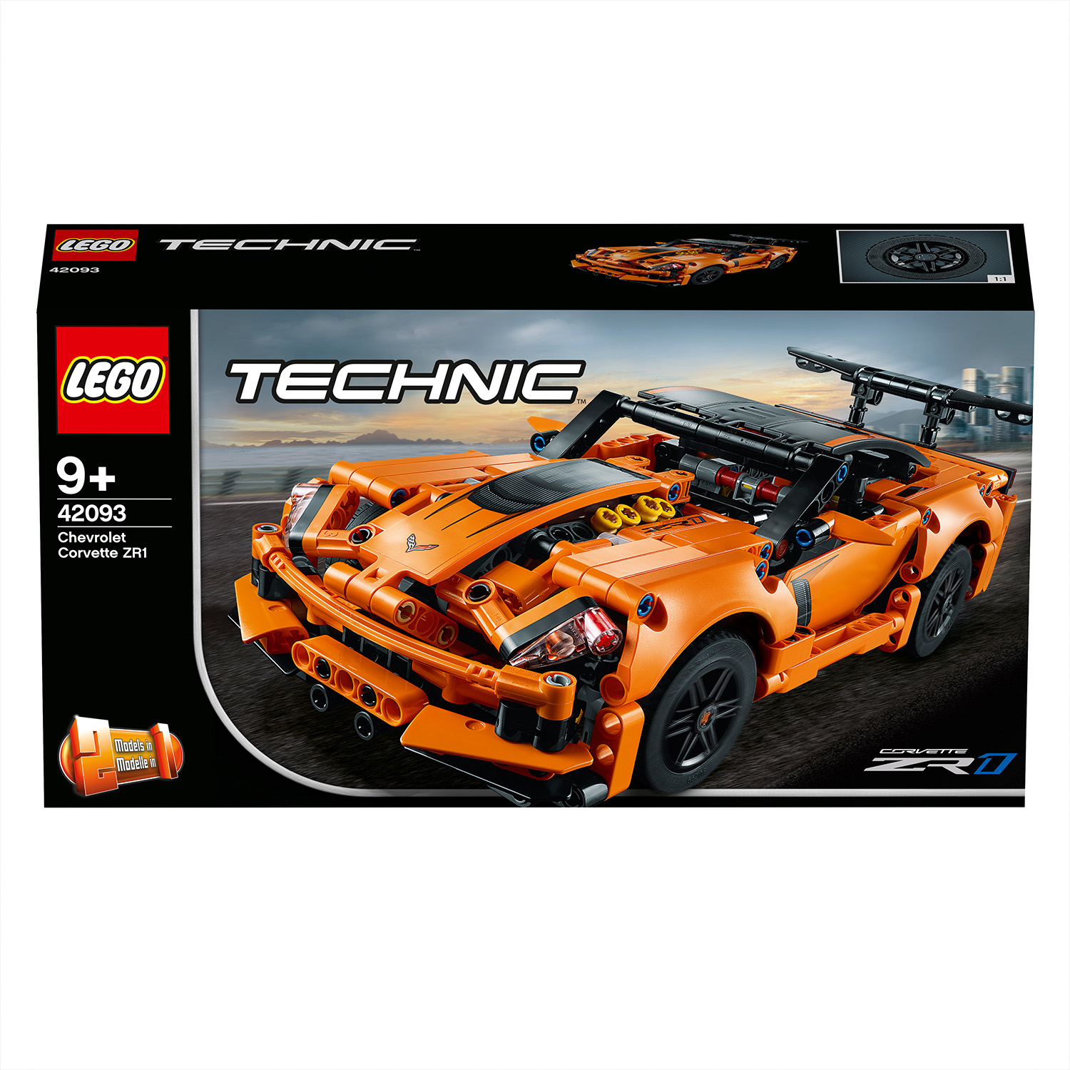 Set LEGO Technic Chevrolet Corvette ZR1, modello di auto sportiva arancione su sfondo nero.