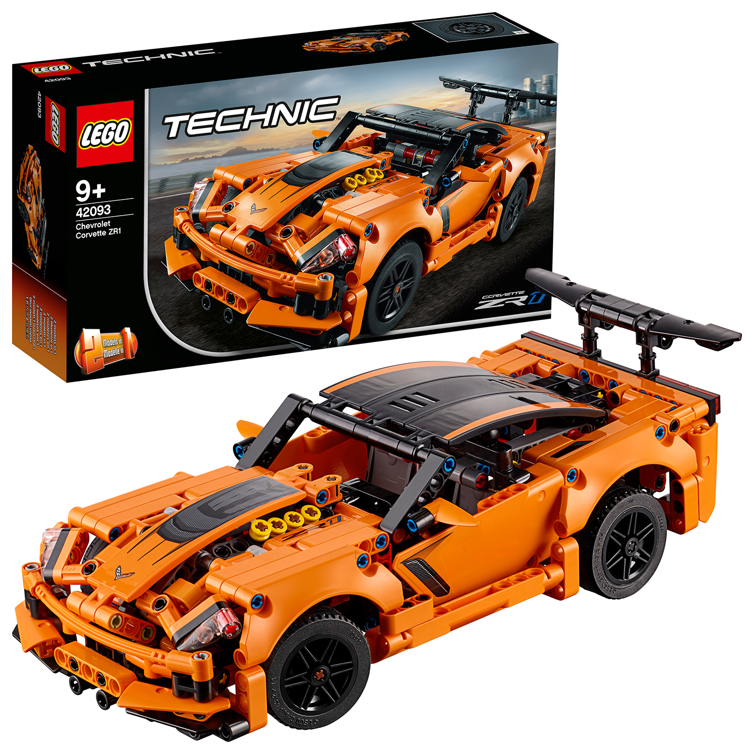 Scatola del modello di auto Lego Technic Chevrolet Corvette ZR1 arancione.